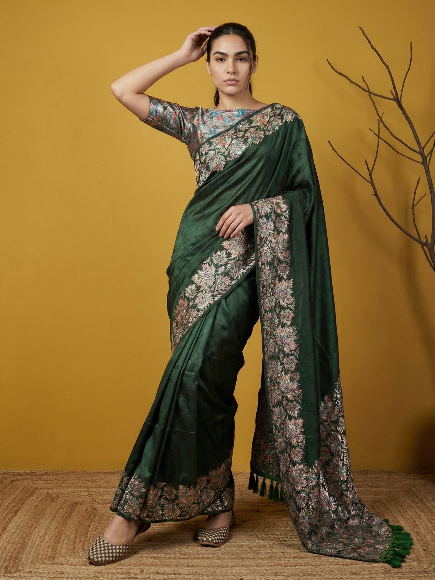 Dark Green Soft Silk Saree with Printed Woven Elegance
