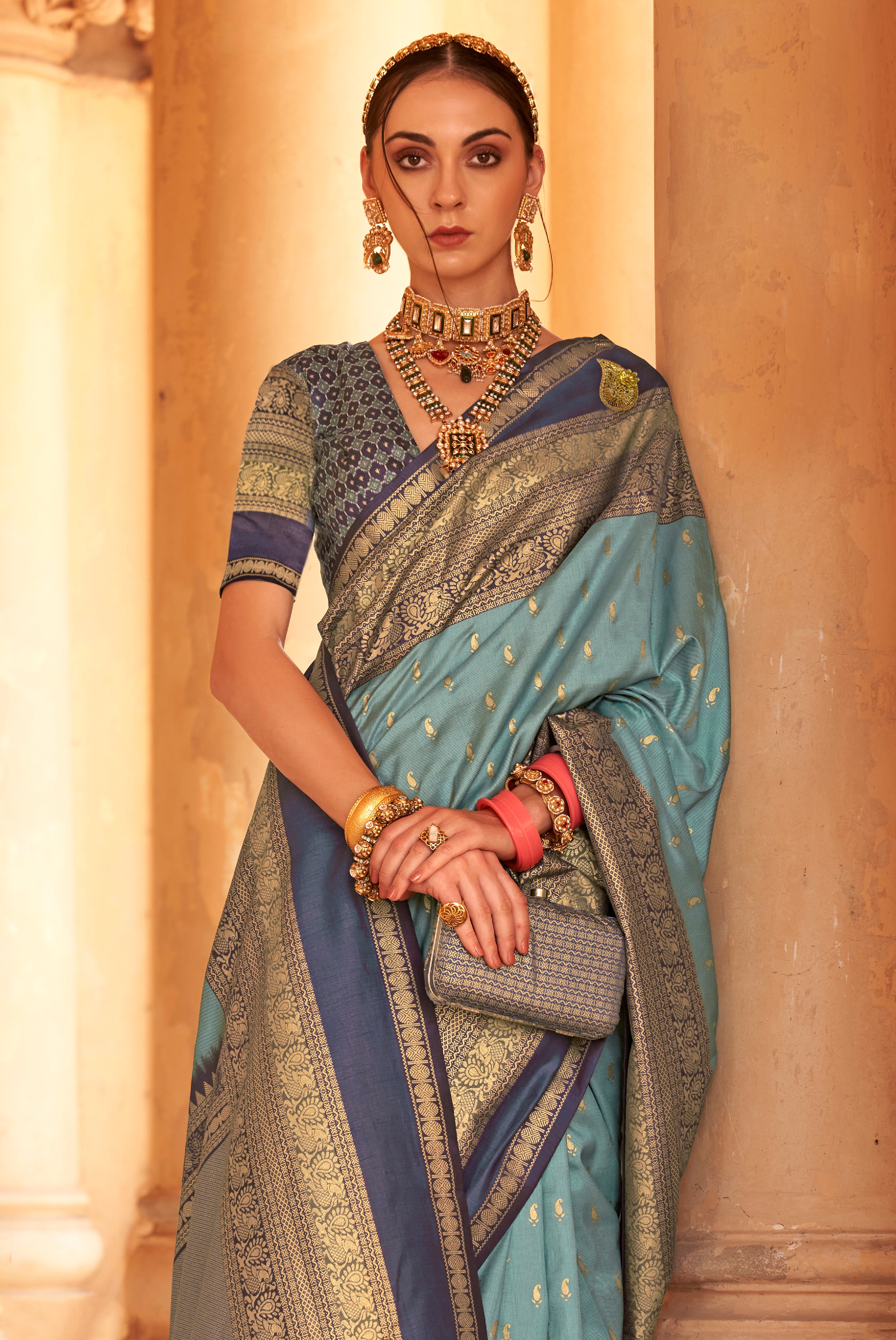 Dark Grey Silk Saree with Jacquard Woven Work