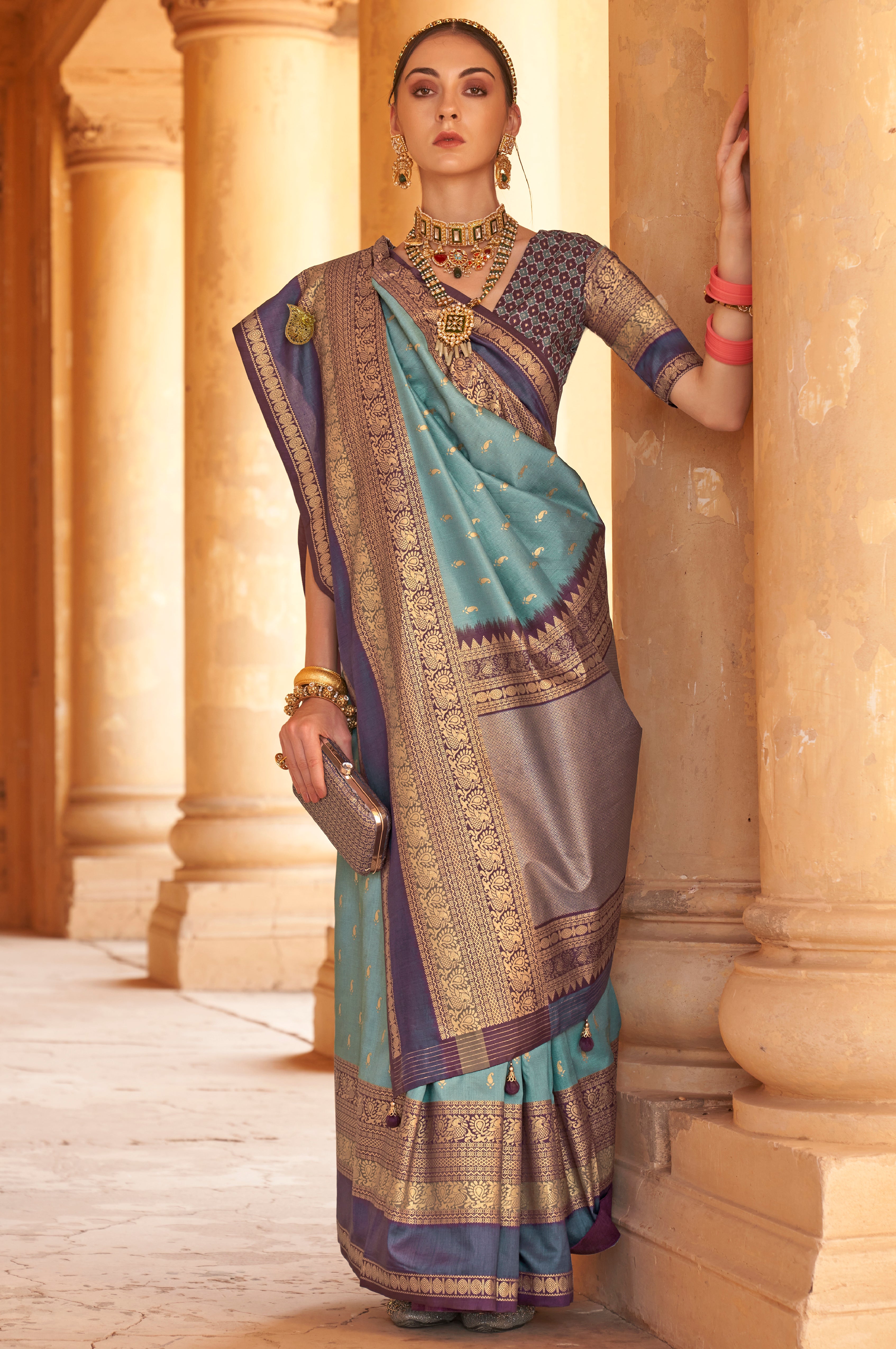 Dark Grey Silk Saree with Jacquard Woven Work