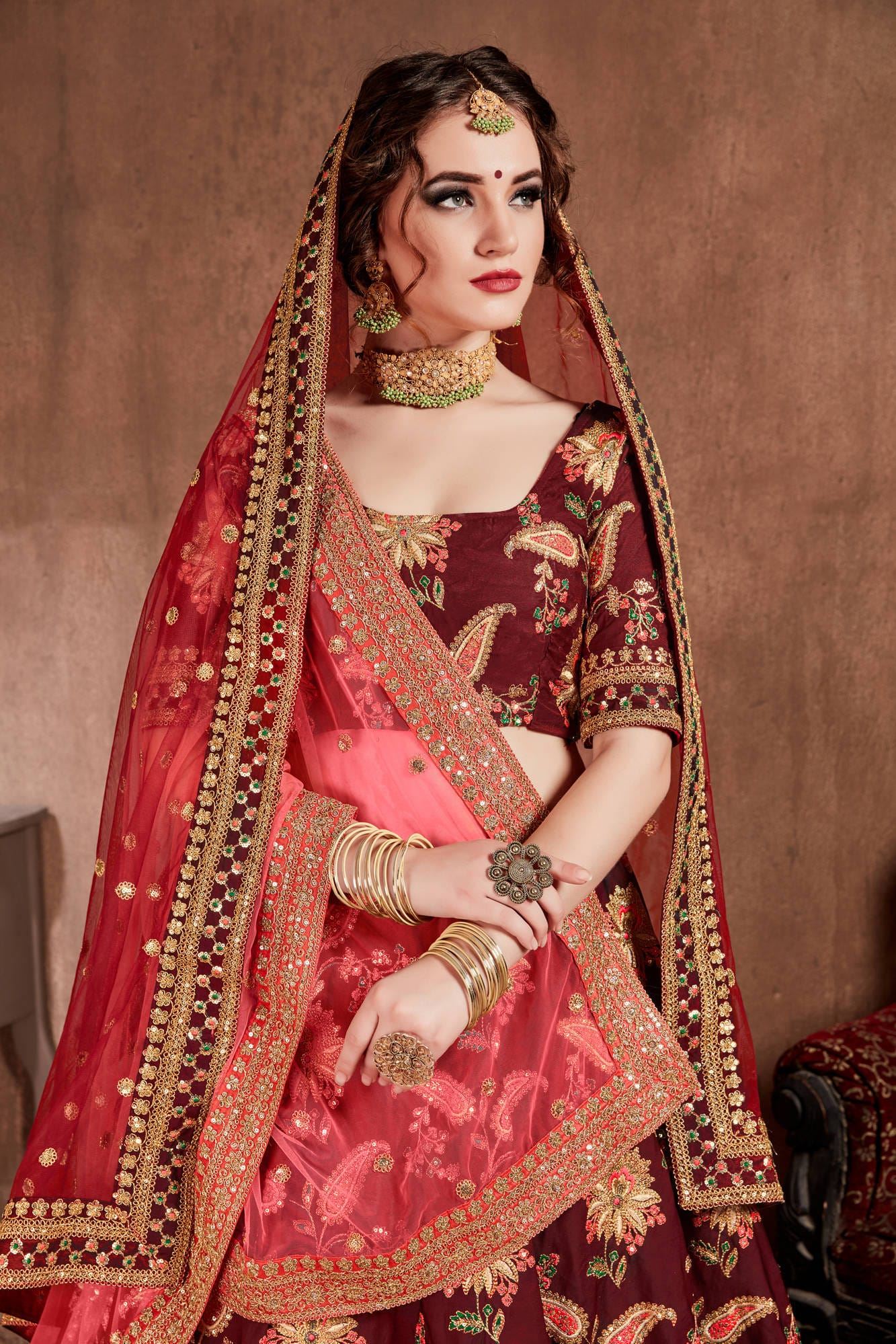 Dark Maroon Lehenga Choli With Thread, Dori, Zari, Sequins Embroidery Work