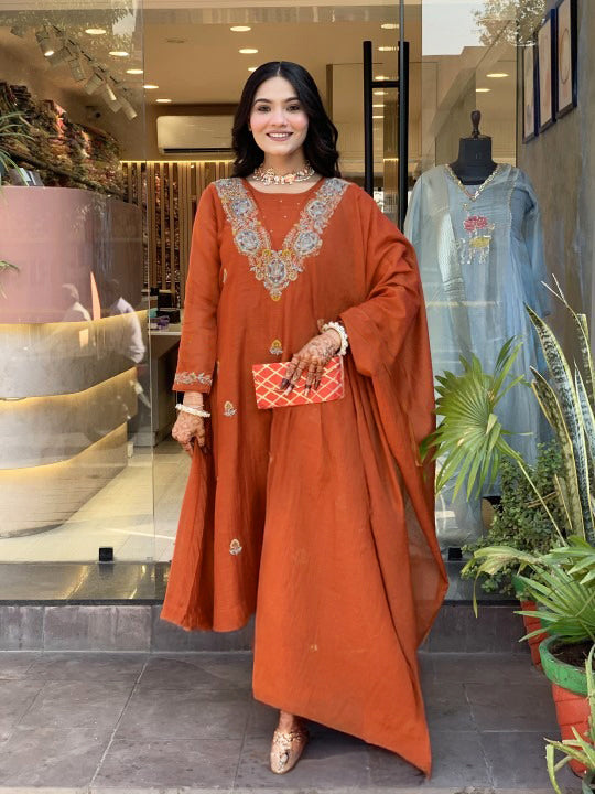Dark Orange Vichitra Kurta Pant Set With Heavy Thread Embroidered Work