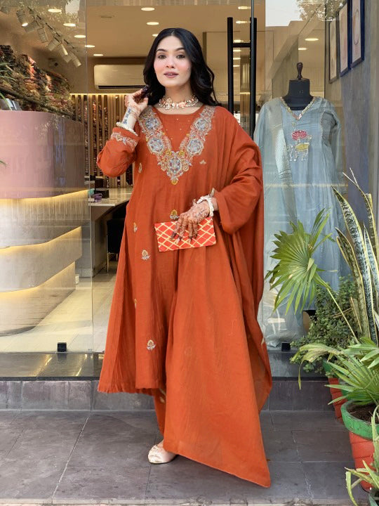 Dark Orange Vichitra Kurta Pant Set With Heavy Thread Embroidered Work