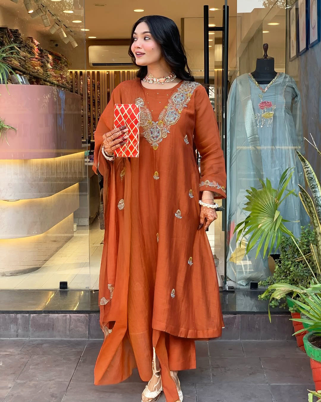 Dark Orange Vichitra Kurta Pant Set With Heavy Thread Embroidered Work