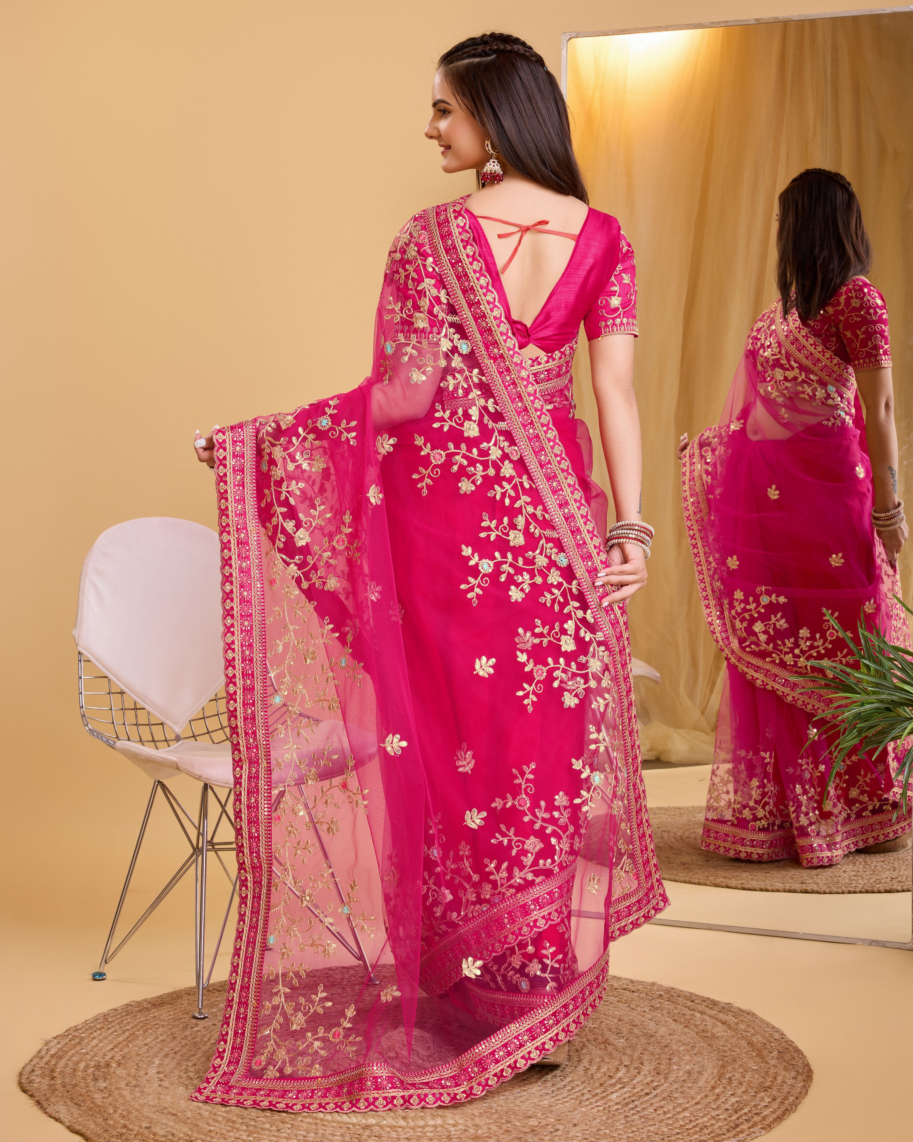 Dark Pink Soft Net Designer Embroidery Work Bollywood Style Saree