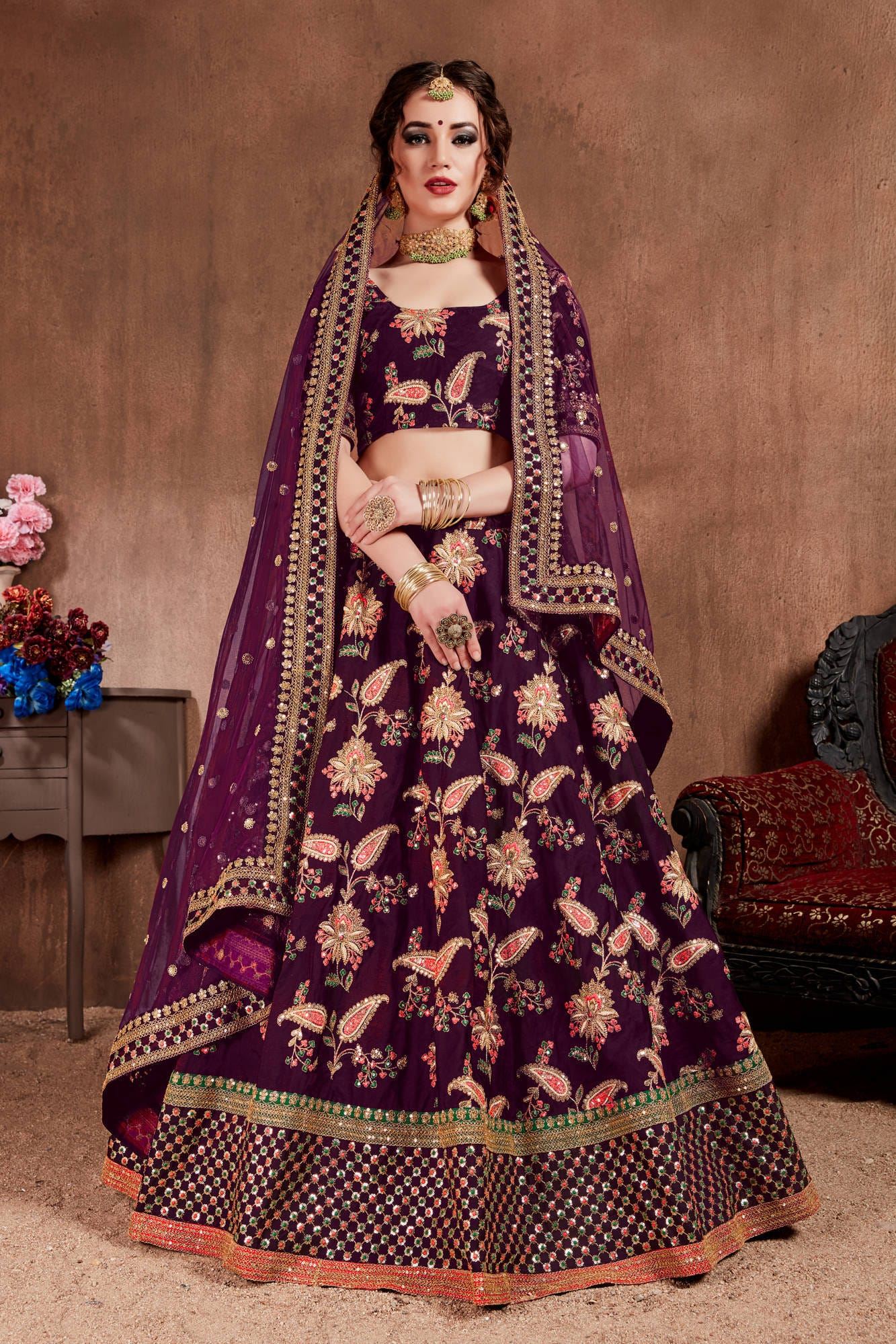 Dark Purple Lehenga Choli With Thread, Dori, Zari, Sequins Embroidery Work