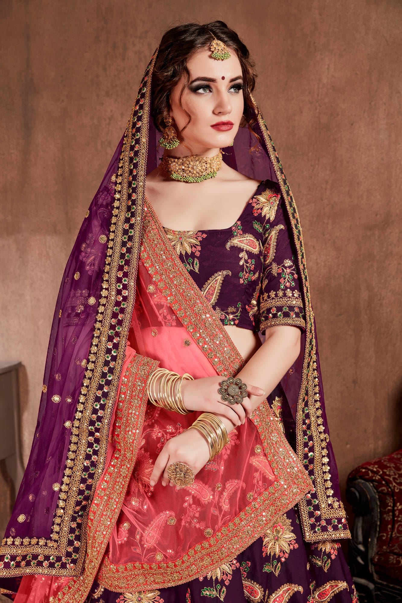 Dark Purple Lehenga Choli With Thread, Dori, Zari, Sequins Embroidery Work