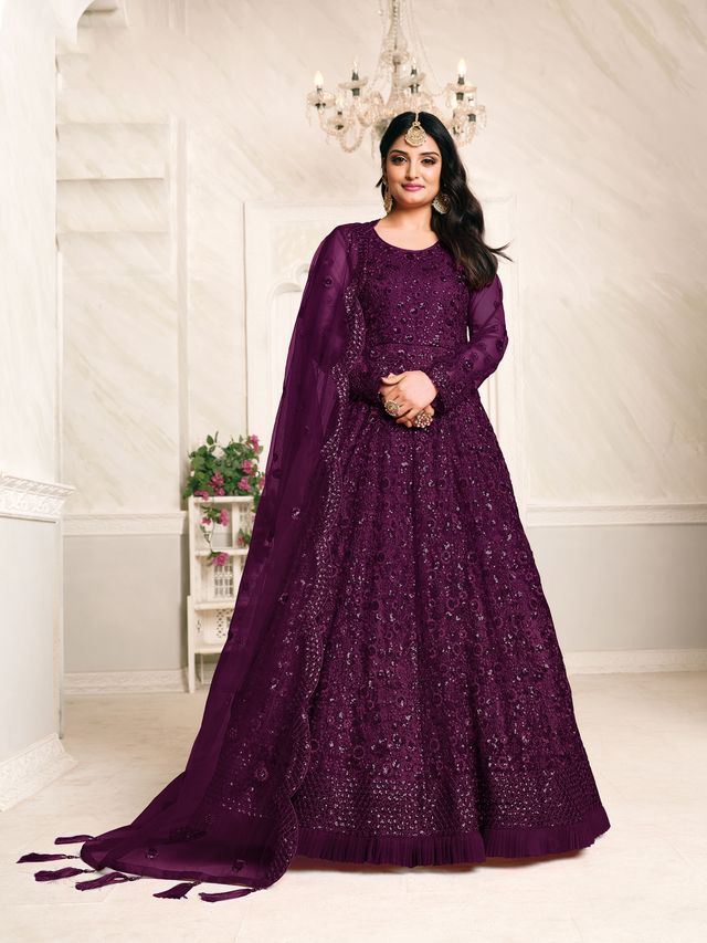 Dark Purple Net Heavy Thread Embroidery And Sequence Work Anarkali Suits