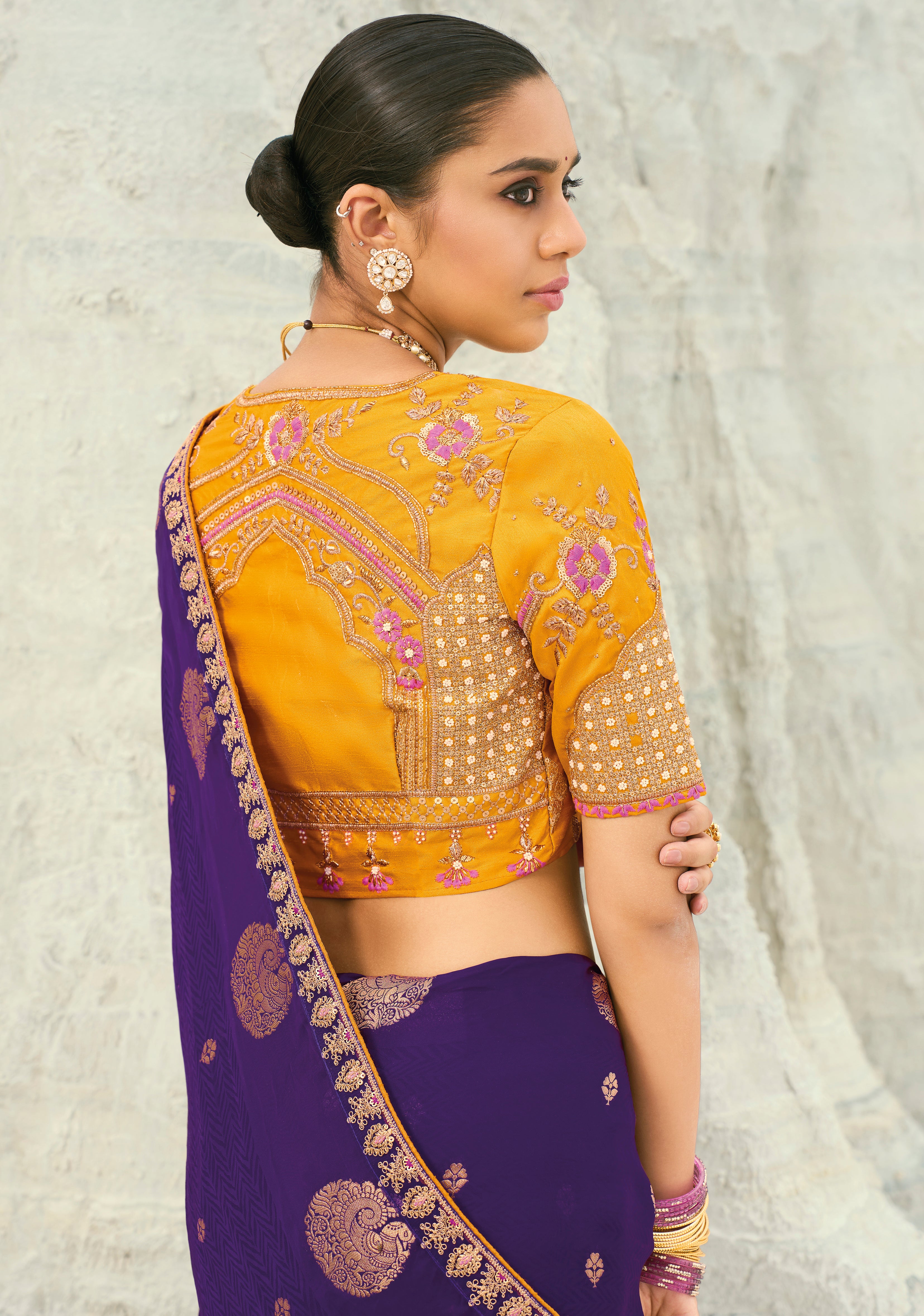 Dark Violet Saree With Coding Border With Cut-Dana, Moti Heavy Work Blouse