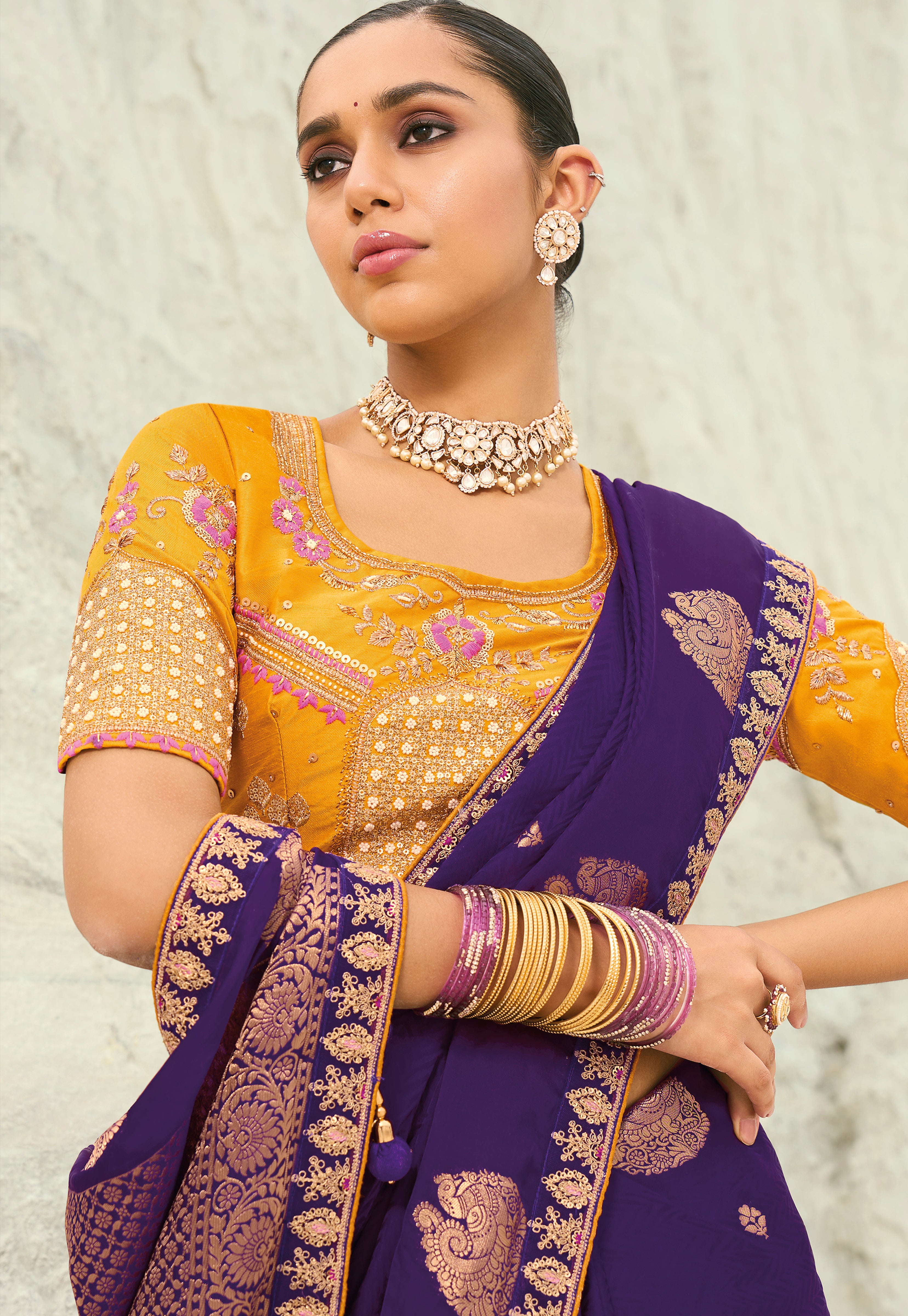 Dark Violet Saree With Coding Border With Cut-Dana, Moti Heavy Work Blouse