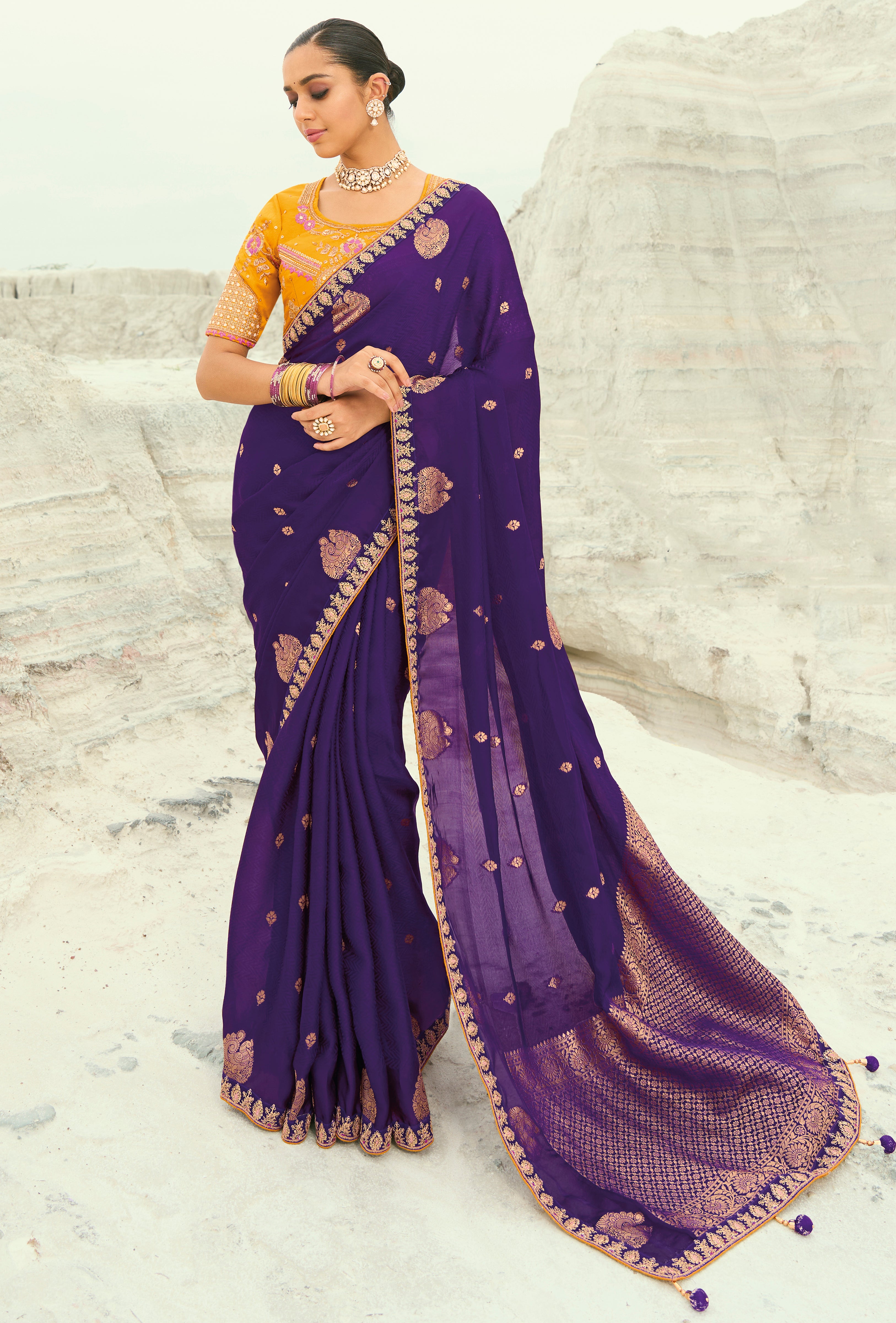 Dark Violet Saree With Coding Border With Cut-Dana, Moti Heavy Work Blouse
