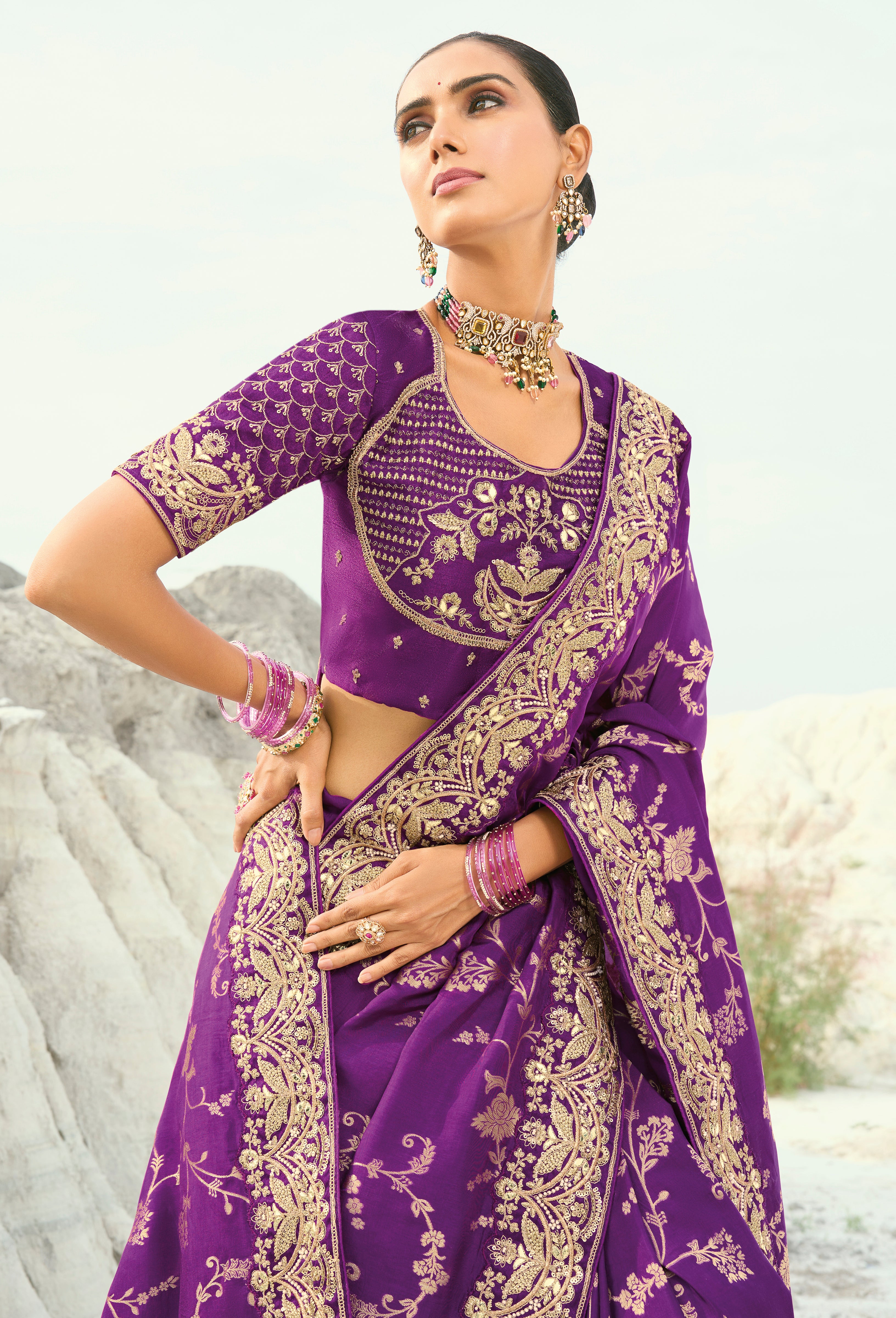 Dark Violet Saree With Jari, Thread, Moti With Cut-Dana Heavy Work