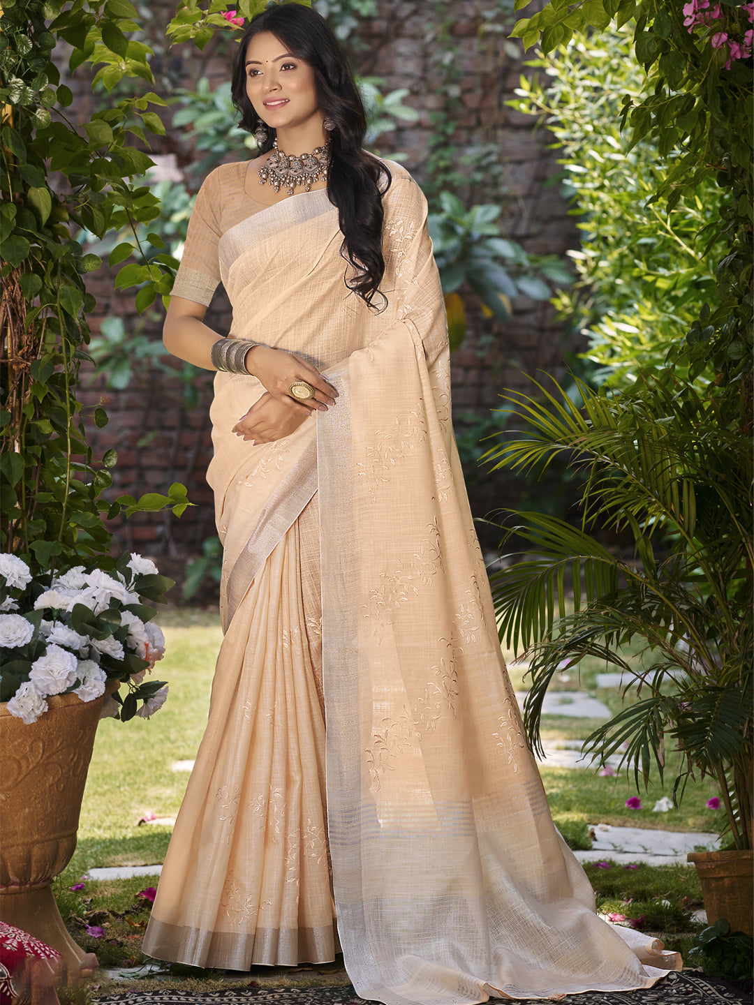 Dazzling Peach Linen Festival Saree for Women