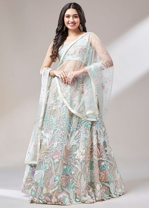 Dazzling Pista Green Sequins Soft Net Engagement Wear Lehenga Choli