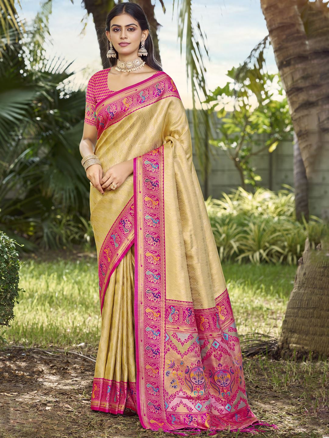 Dazzling light Yellow And Pink Color Silk Saree