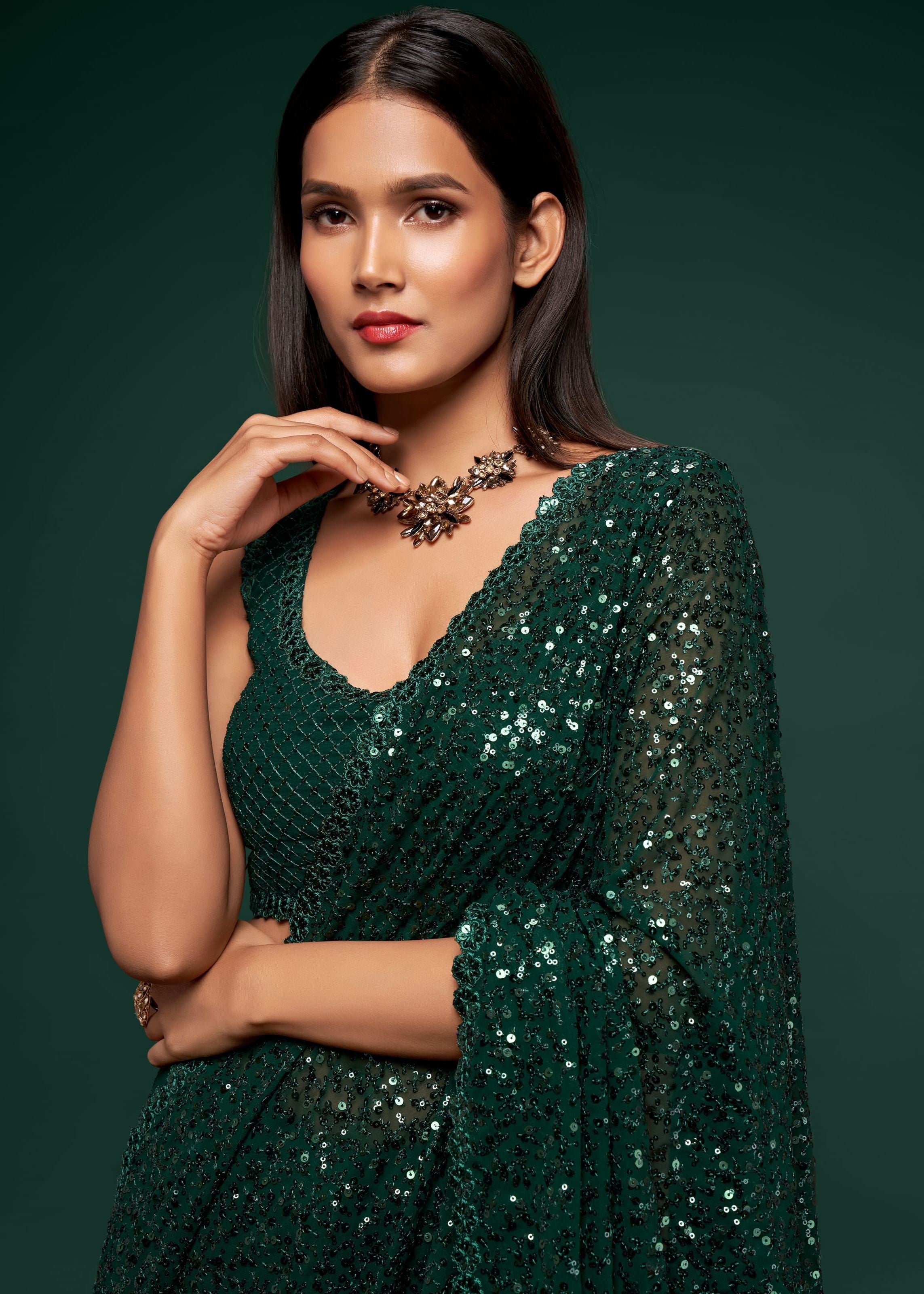 Deep Green Georgette Saree with Thread Embroidery and Sequins Work