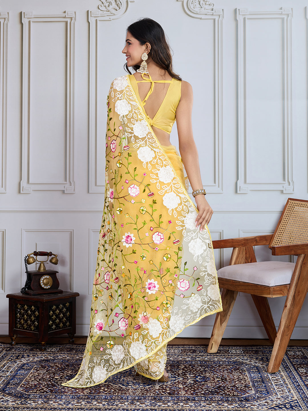 Designer Multy Thread Embroidery Work Yellow Soft Net Saree For Wedding Looks