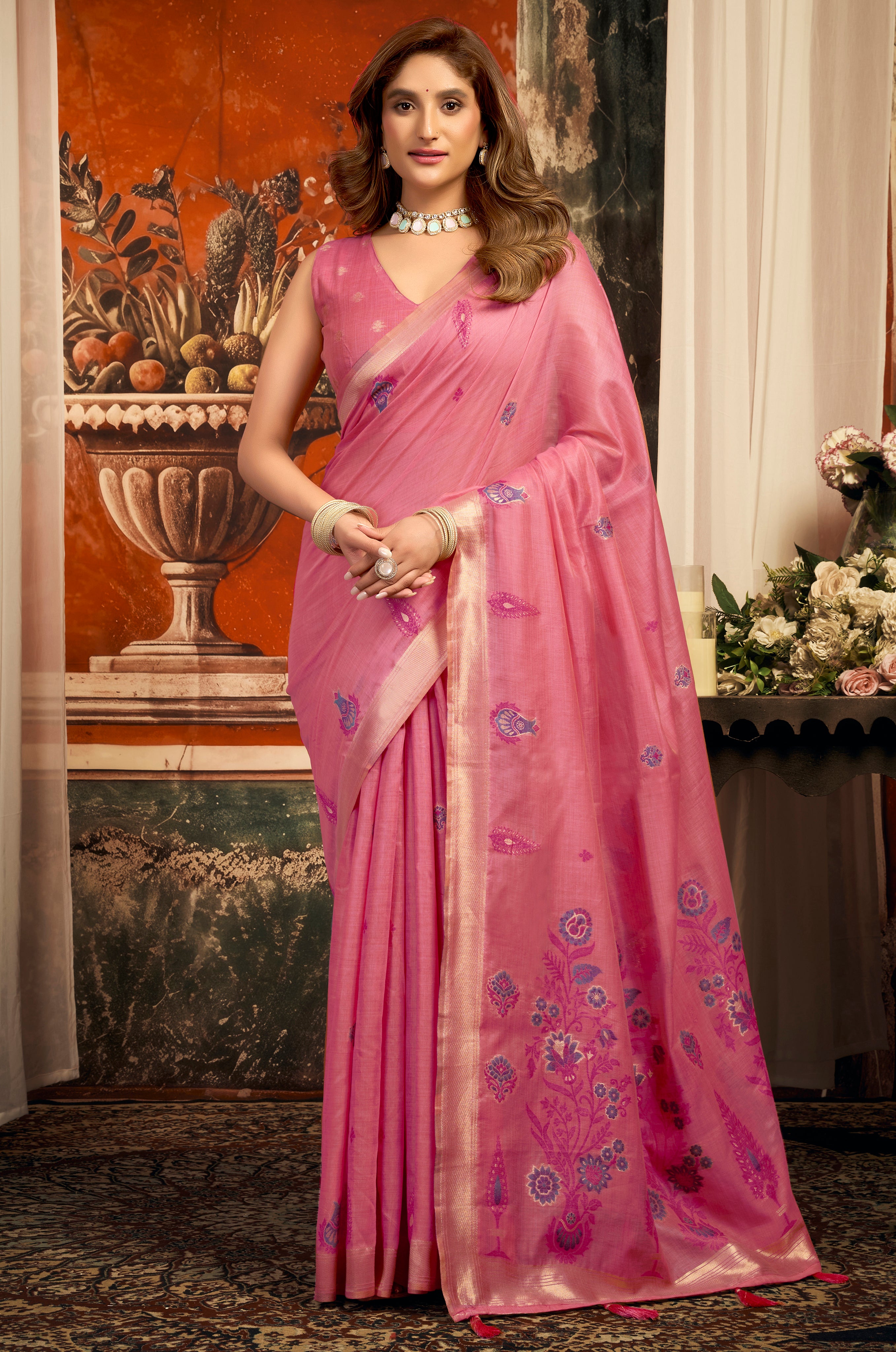 Designer Pink Cotton Saree with Elegant Zari Border Tassels