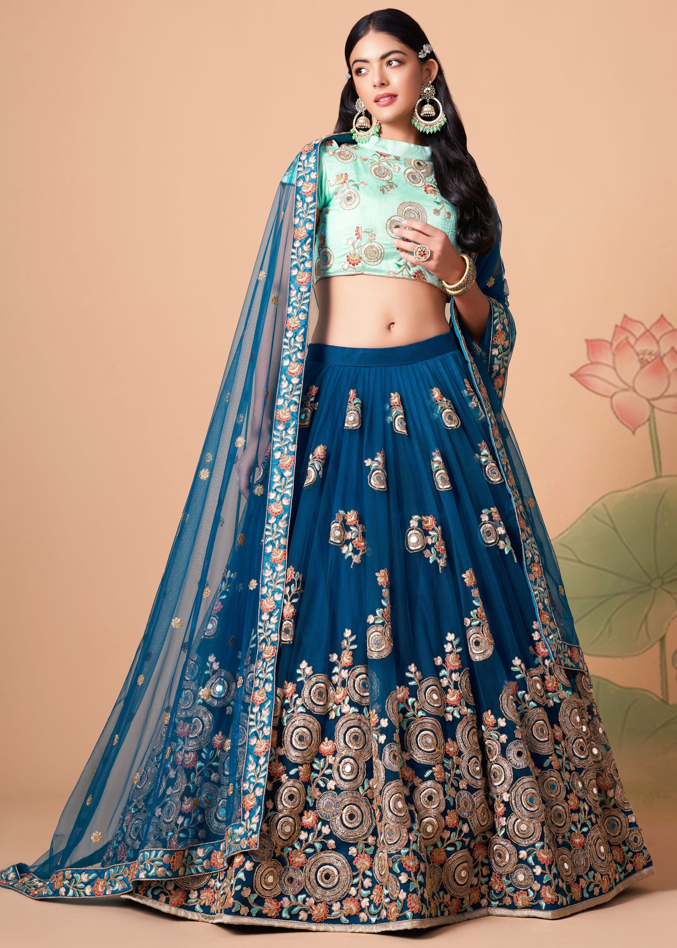 Dove Blue Lehenga Choli With Thread, Zari, Dori And Sequins Embroidery With Mirror Work