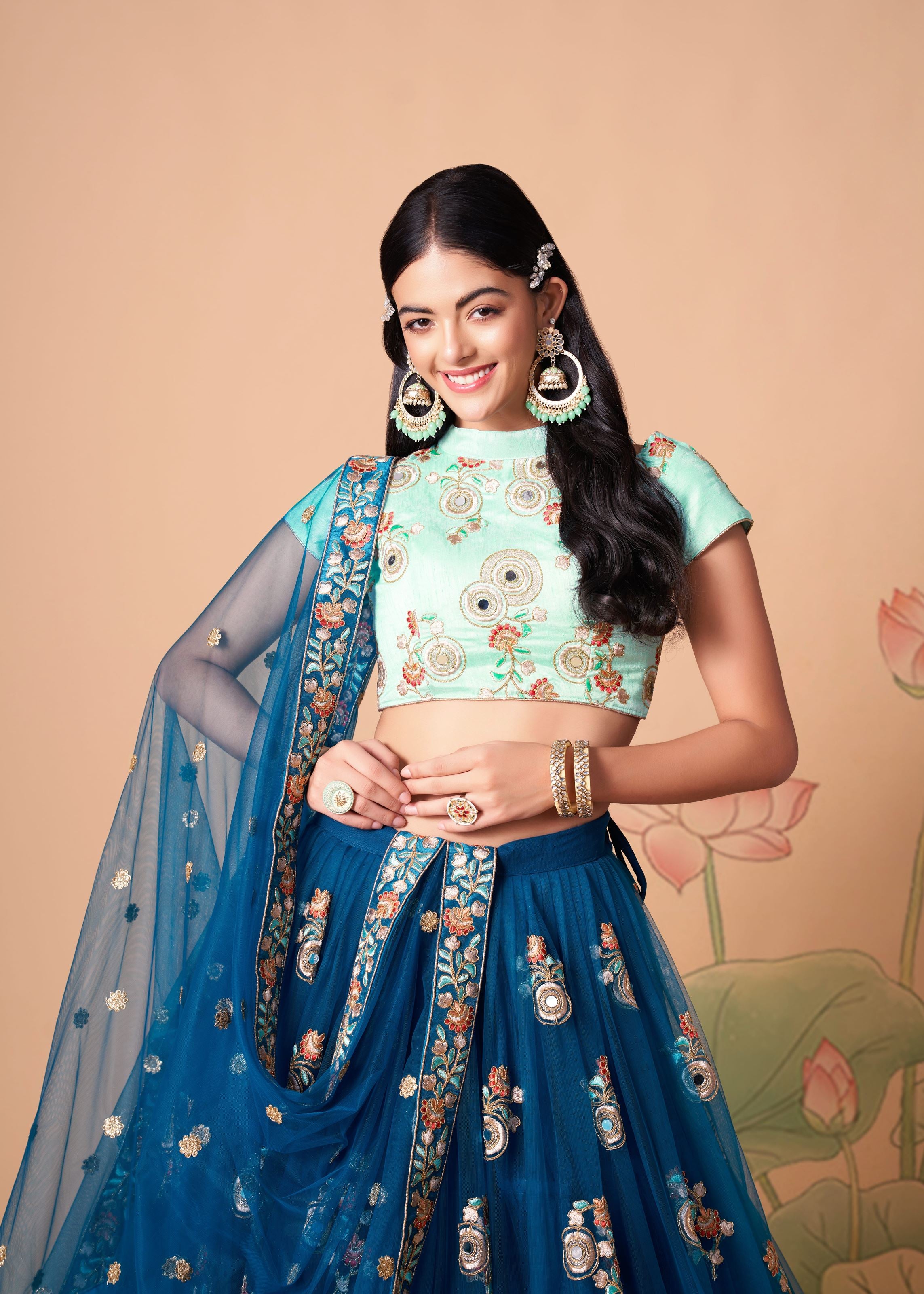Dove Blue Lehenga Choli With Thread, Zari, Dori And Sequins Embroidery With Mirror Work