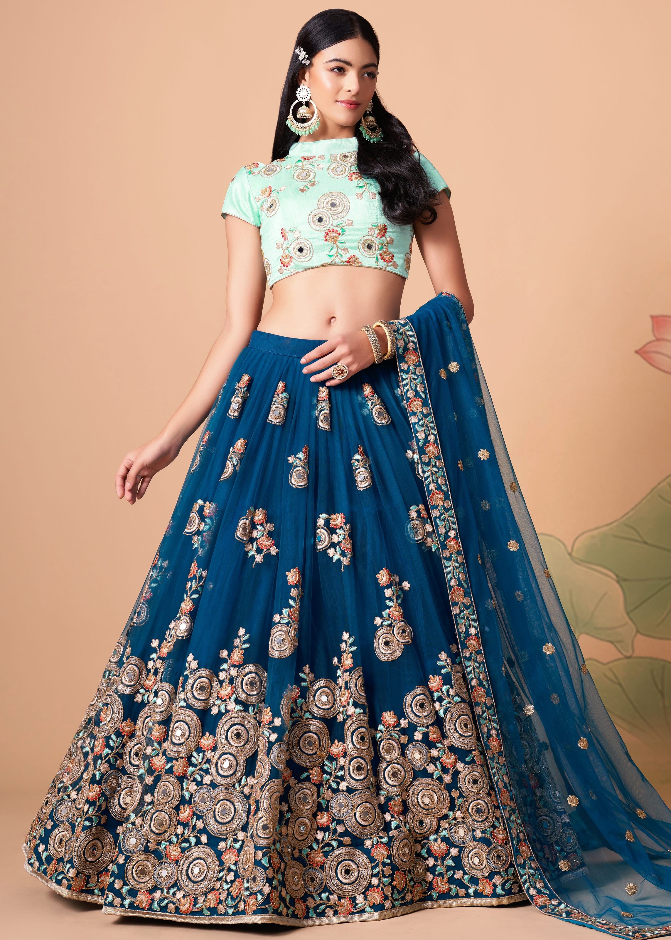 Dove Blue Lehenga Choli With Thread, Zari, Dori And Sequins Embroidery With Mirror Work