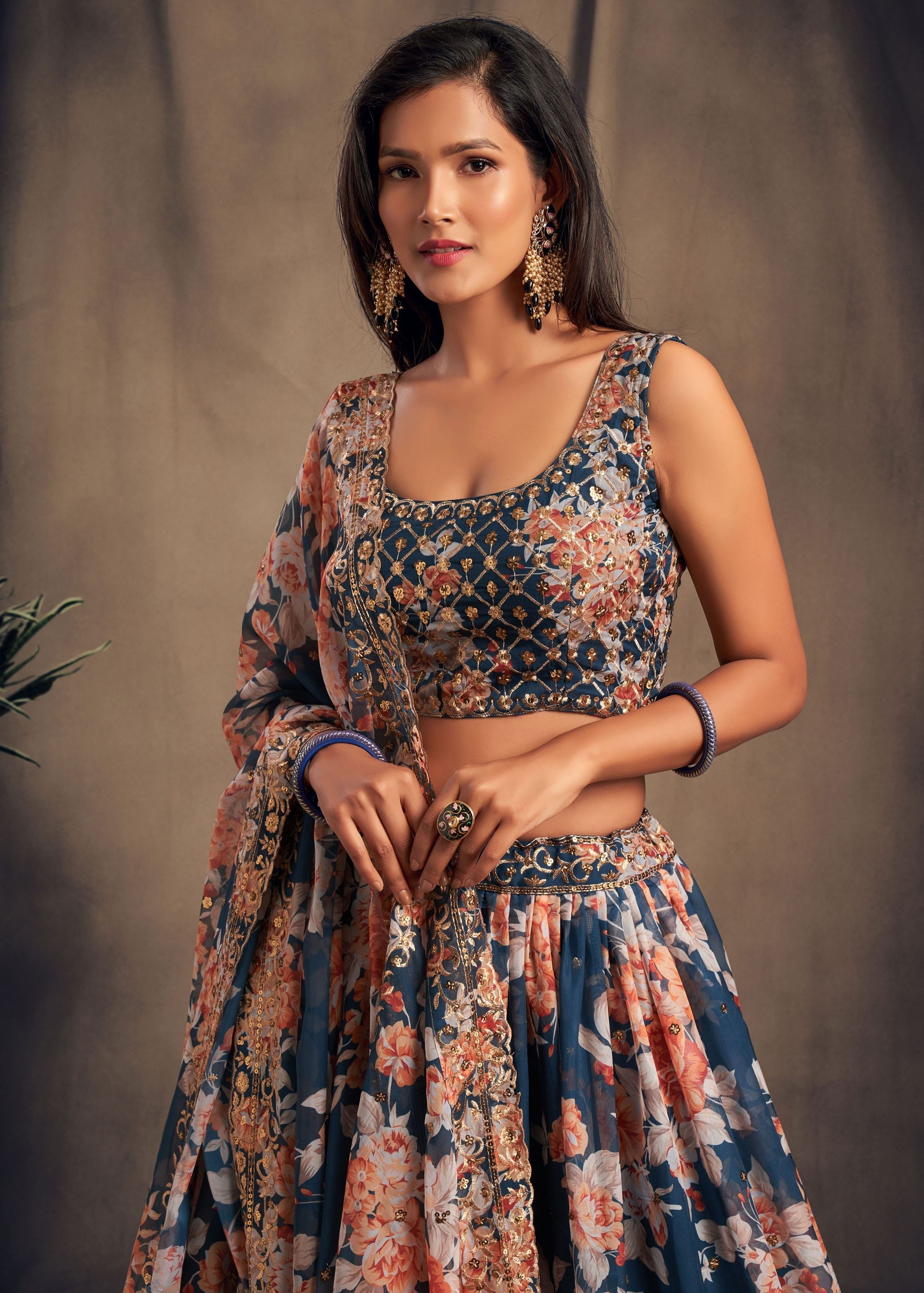 Dove Blue Organza Lehenga Choli With Sequins Zari Embroidery Work