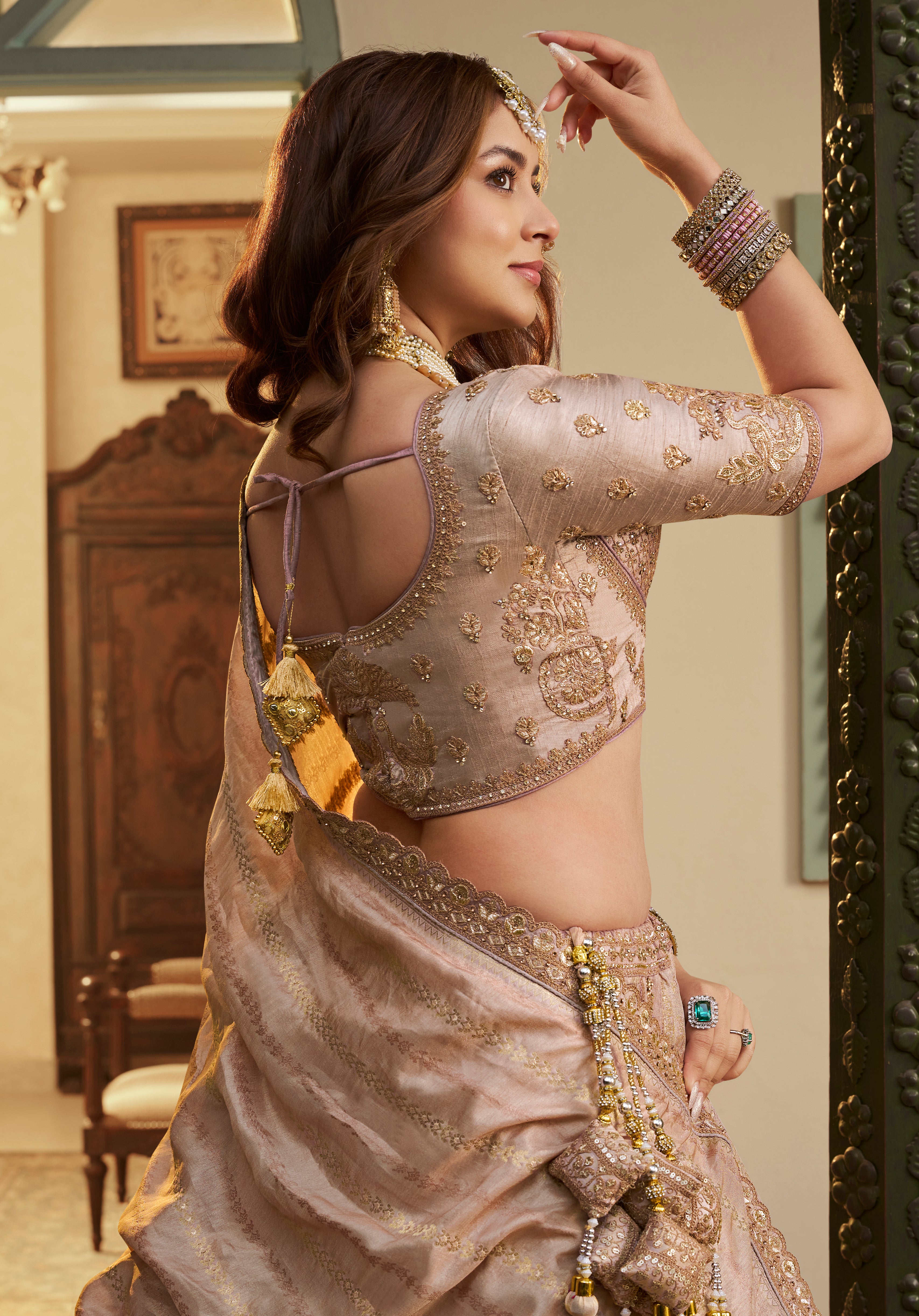 Dusty Pink Banarasi Premium Silk Lehenga Choli With Heavy Thread Embroidery, Sequence, Swarovski ,Stone With Zari, Khatli Weaving Work