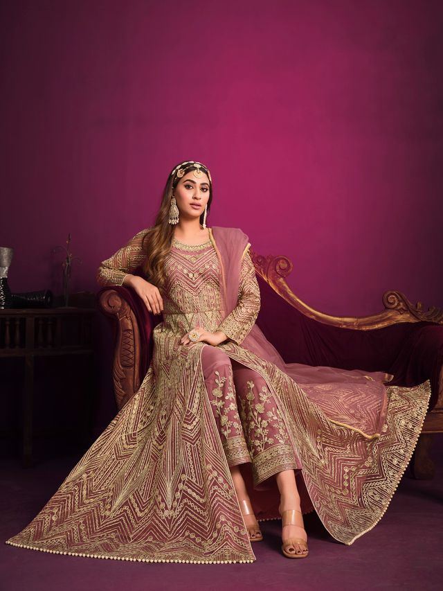 Dusty Pink Net Heavy Thread Embroidery, Zari With Sequins Work Anarkali Suits