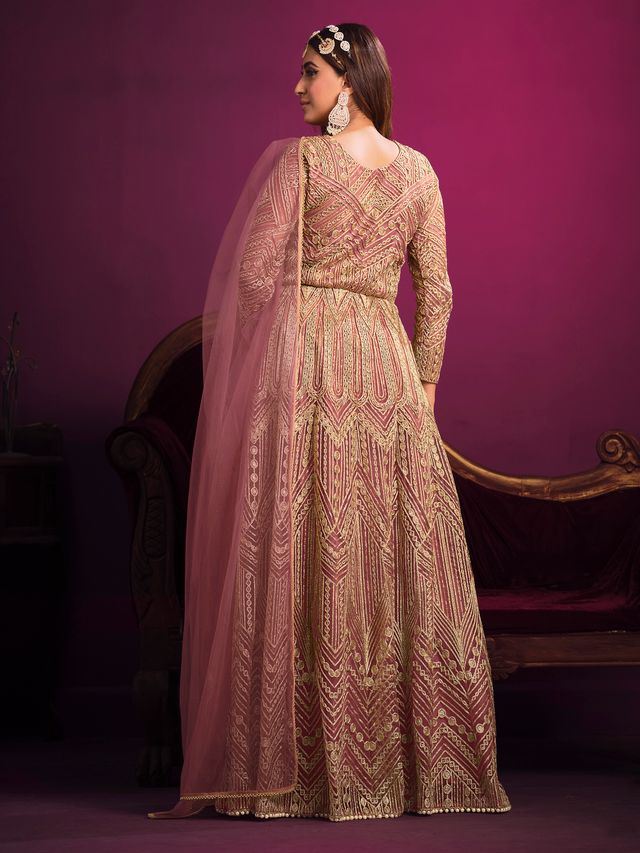 Dusty Pink Net Heavy Thread Embroidery, Zari With Sequins Work Anarkali Suits
