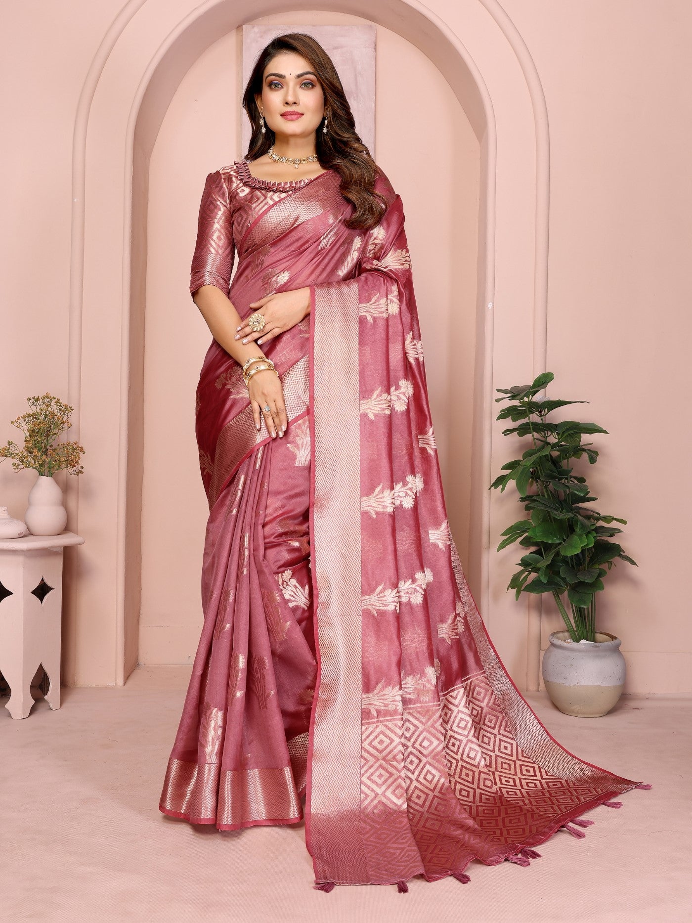 Dusty Rose Soft Organza Silk Saree With Elegant Weaving