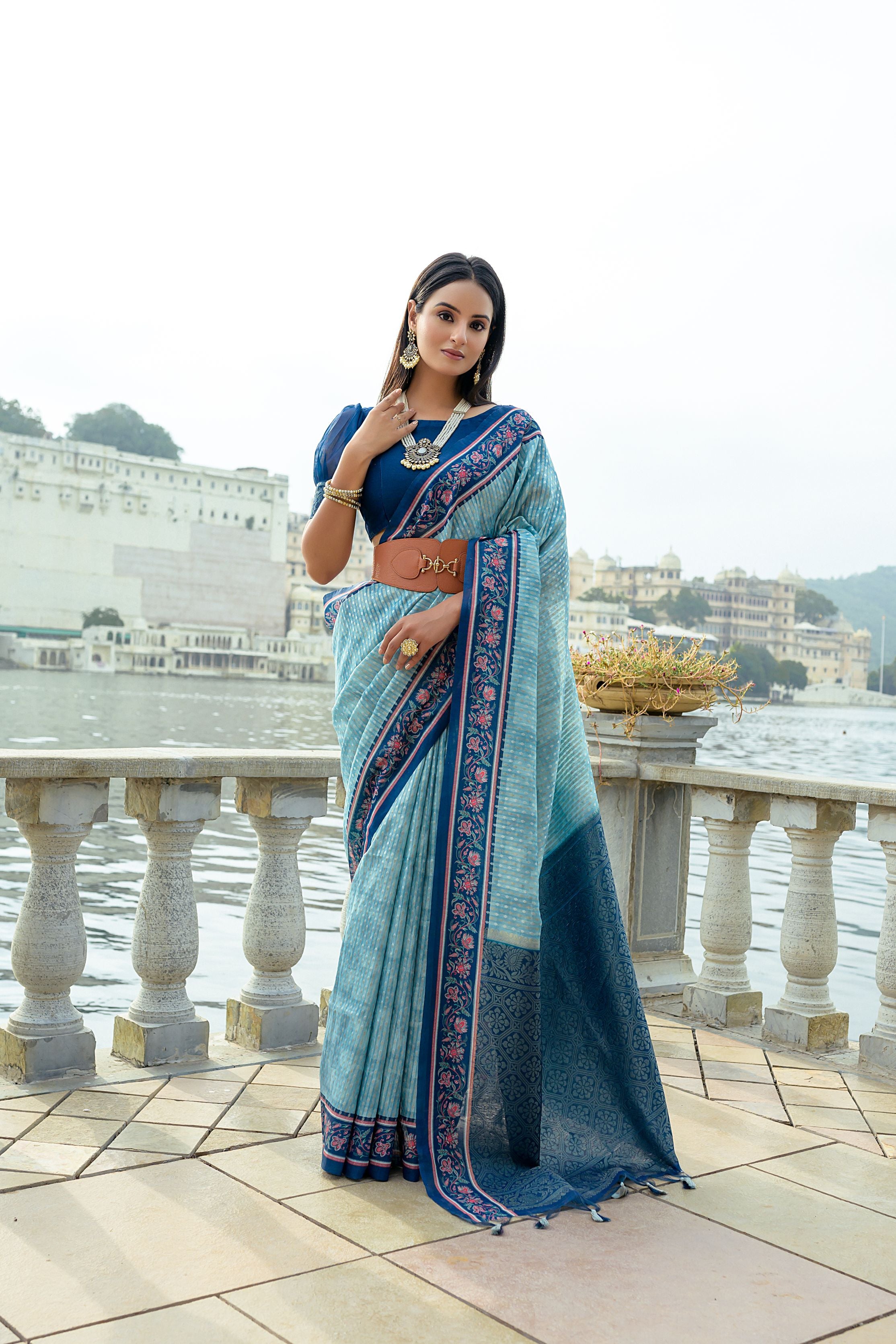 Ehtnic Woven Designer Soft Silk Saree In Firozi With Elegant Print Work