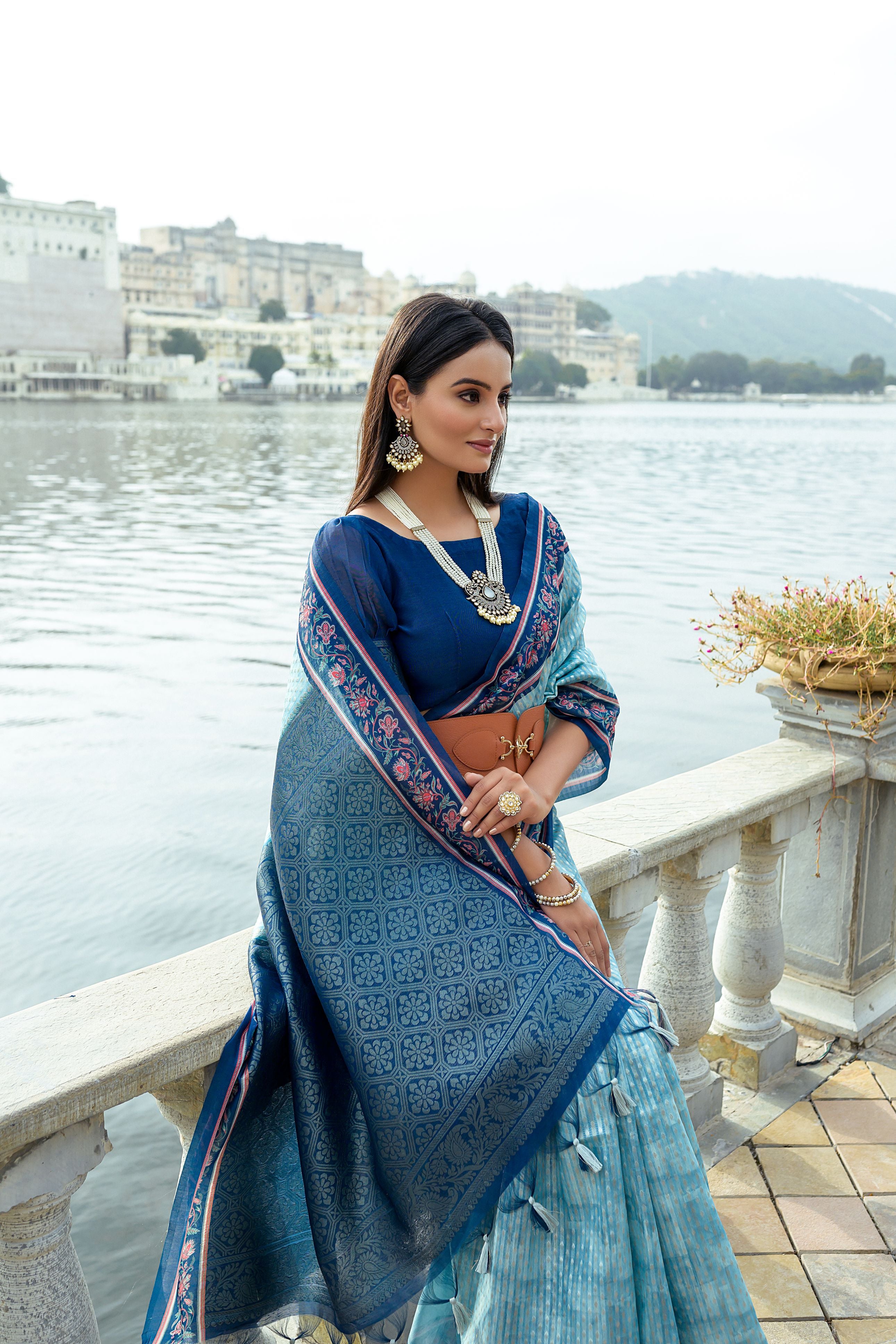 Ehtnic Woven Designer Soft Silk Saree In Firozi With Elegant Print Work
