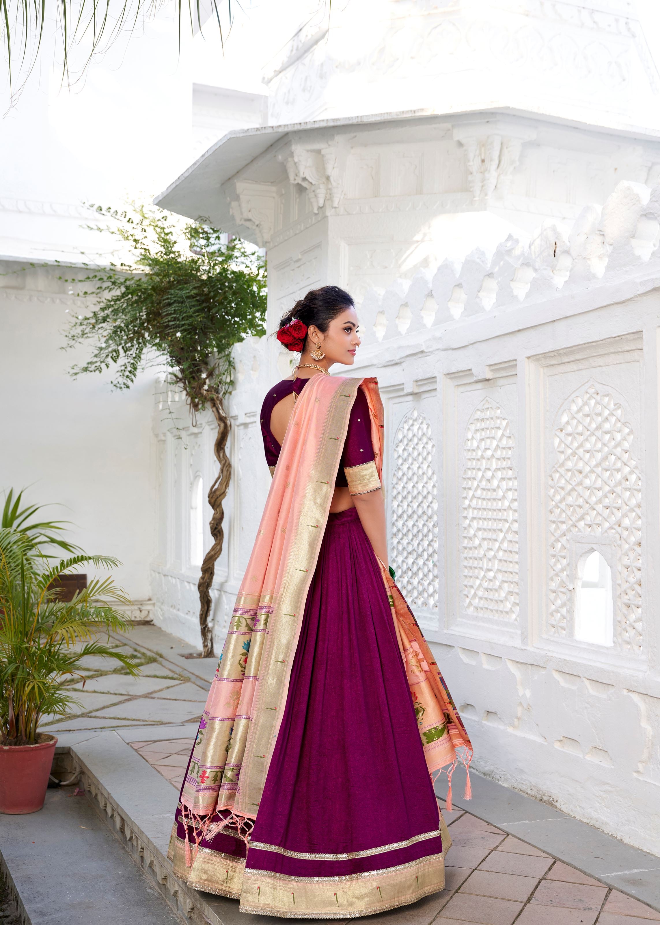 Elegance In Simplicity Wine Vichitra Silk Lehenga With Classic Plain Look And Paithani Lace Border