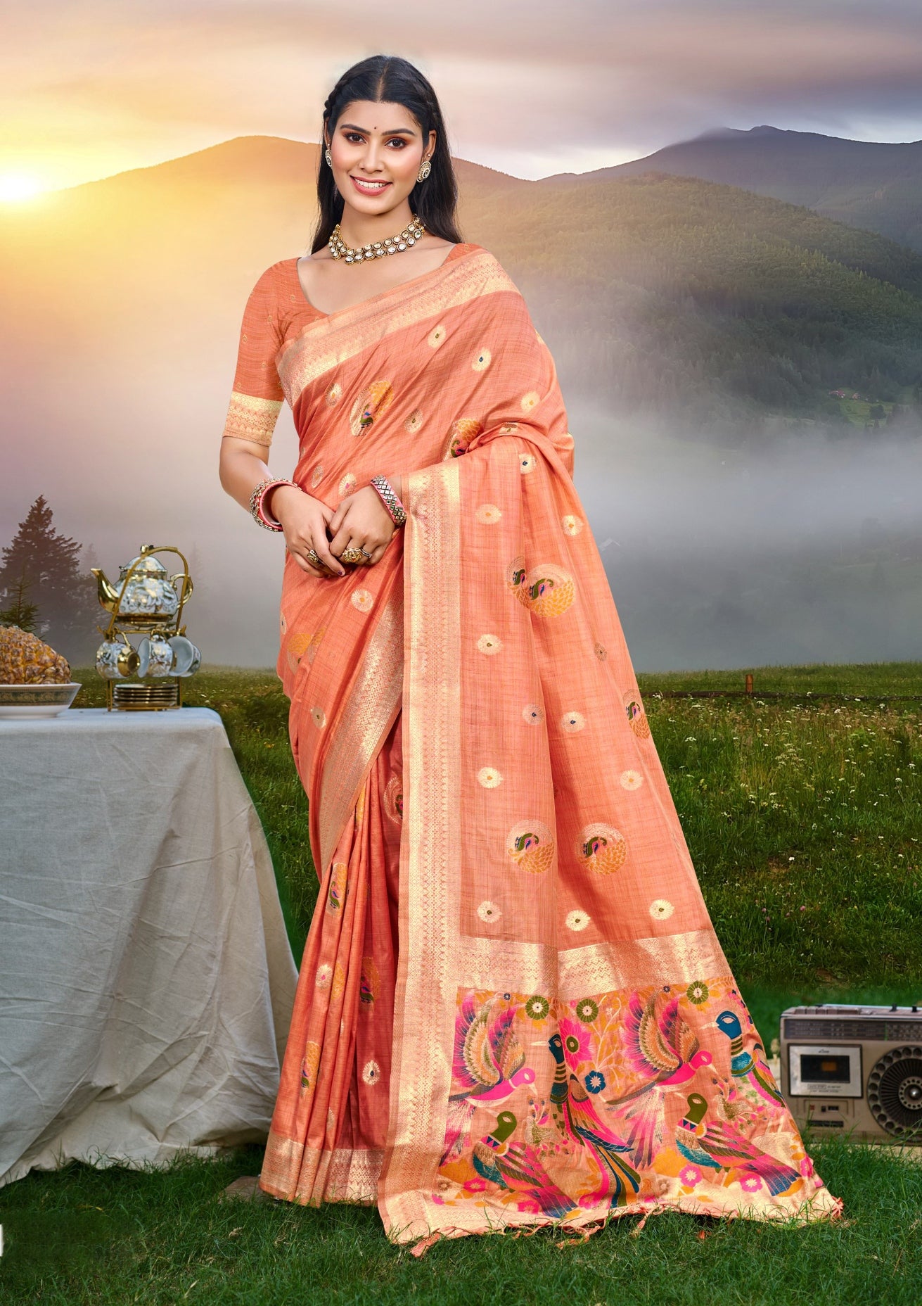 Elegant Gajri Assam Silk Meenakari Festival Saree