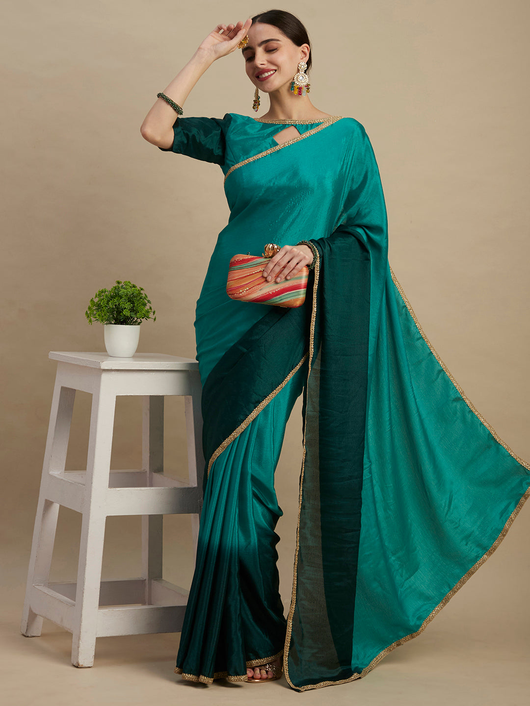 Elegant Green Chinon Silk Saree With Embroidery And Sequins Work