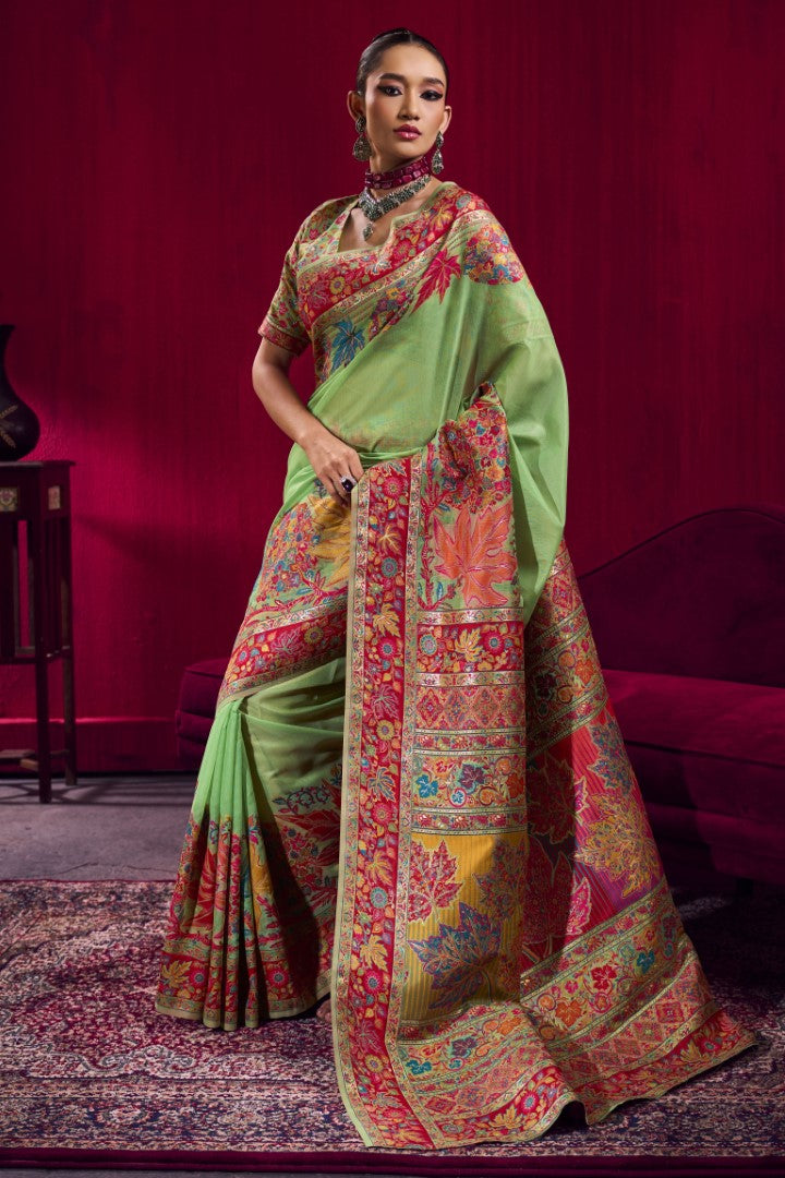 Elegant Parrot Green Modal Pashmina Saree with Handloom Zari Border