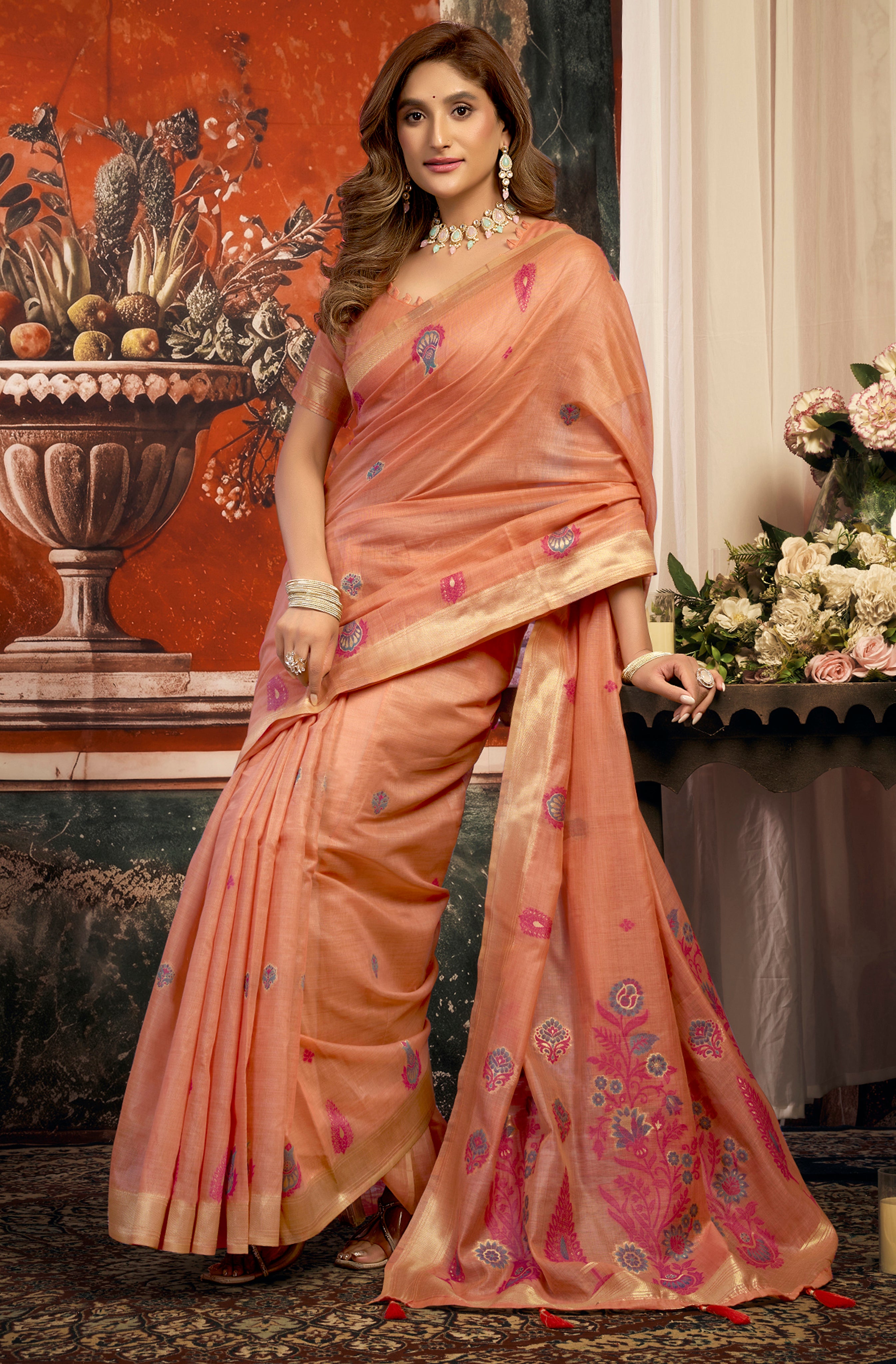 Elegant Peach Cotton Saree with Zari Border & Fancy Tassels