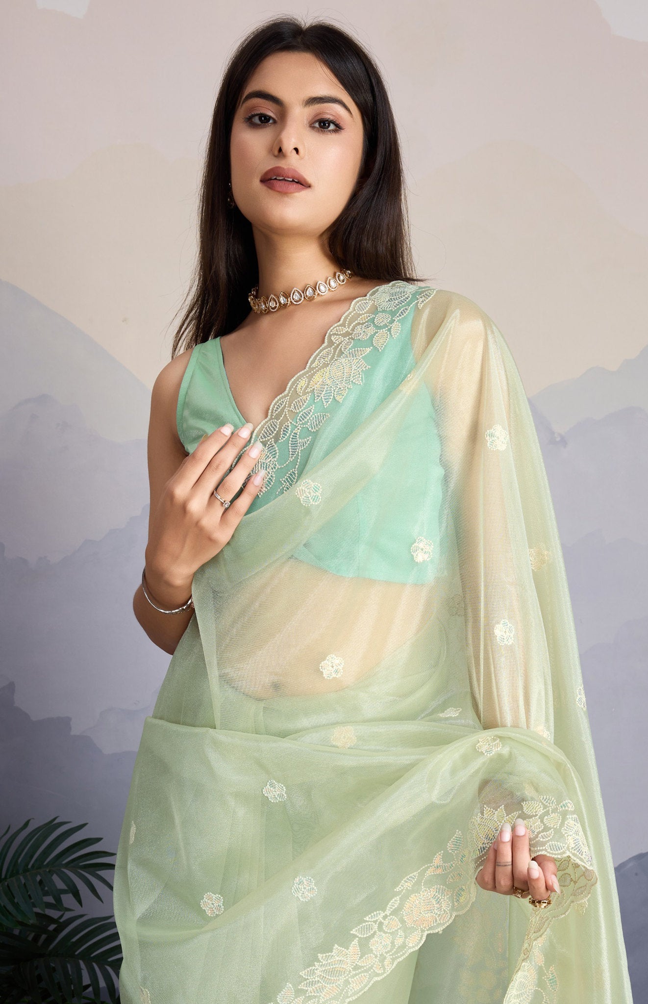 Elegant Pista Green Fancy Saree with Heavy Thread & Sequins Embroidery