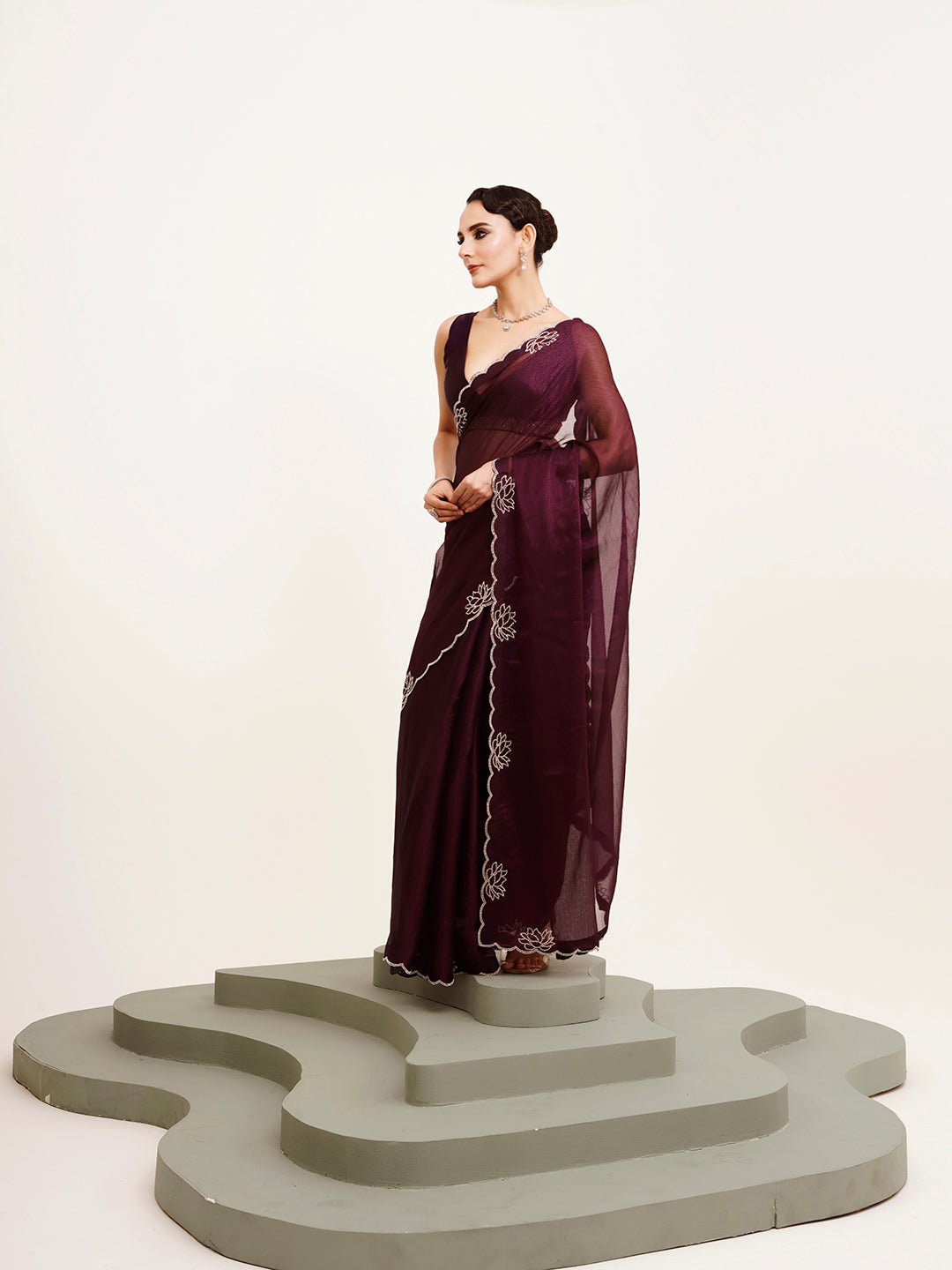 Embellished Beads And Stones Work Purple Chiffon Rich Ceremonial Saree