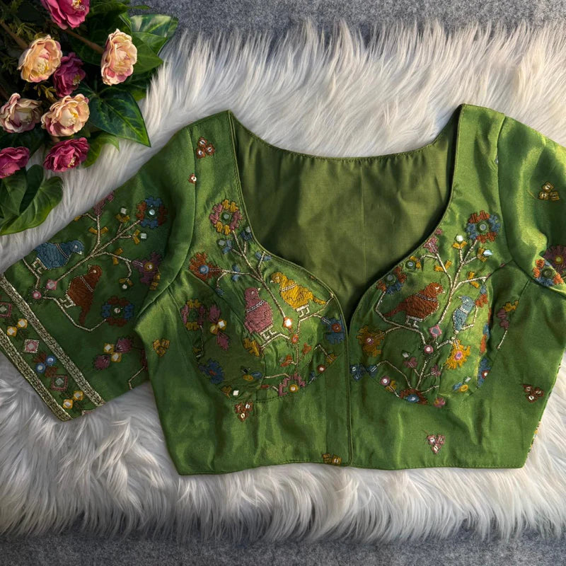 Emerald Green Bird Motif Mirror Work Blouse Cosmos Silk Designer Partywear