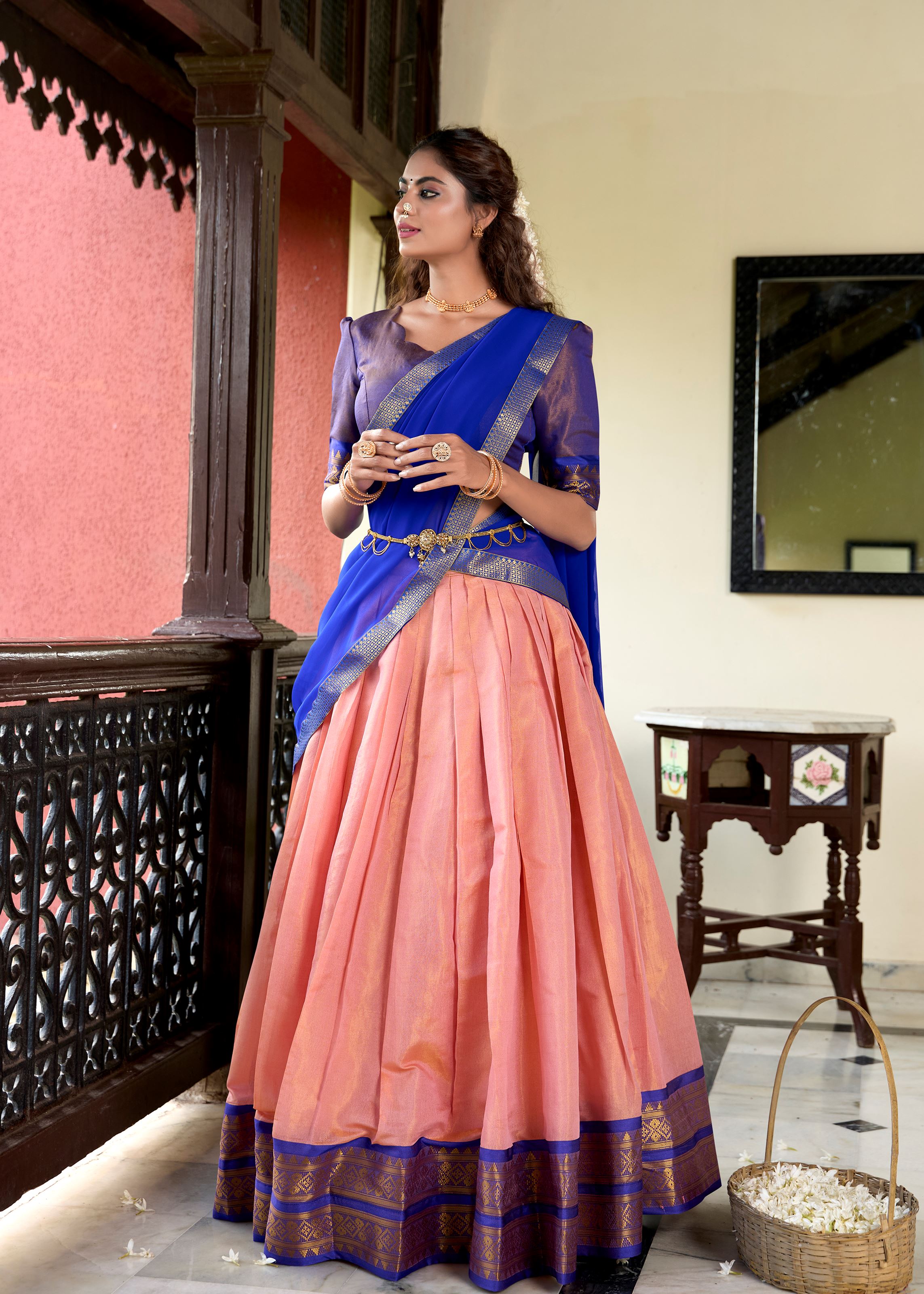 Ethereal Beauty In Peach Kanchipuram Zari Woven Silk Lehenga For Grand Celebrations