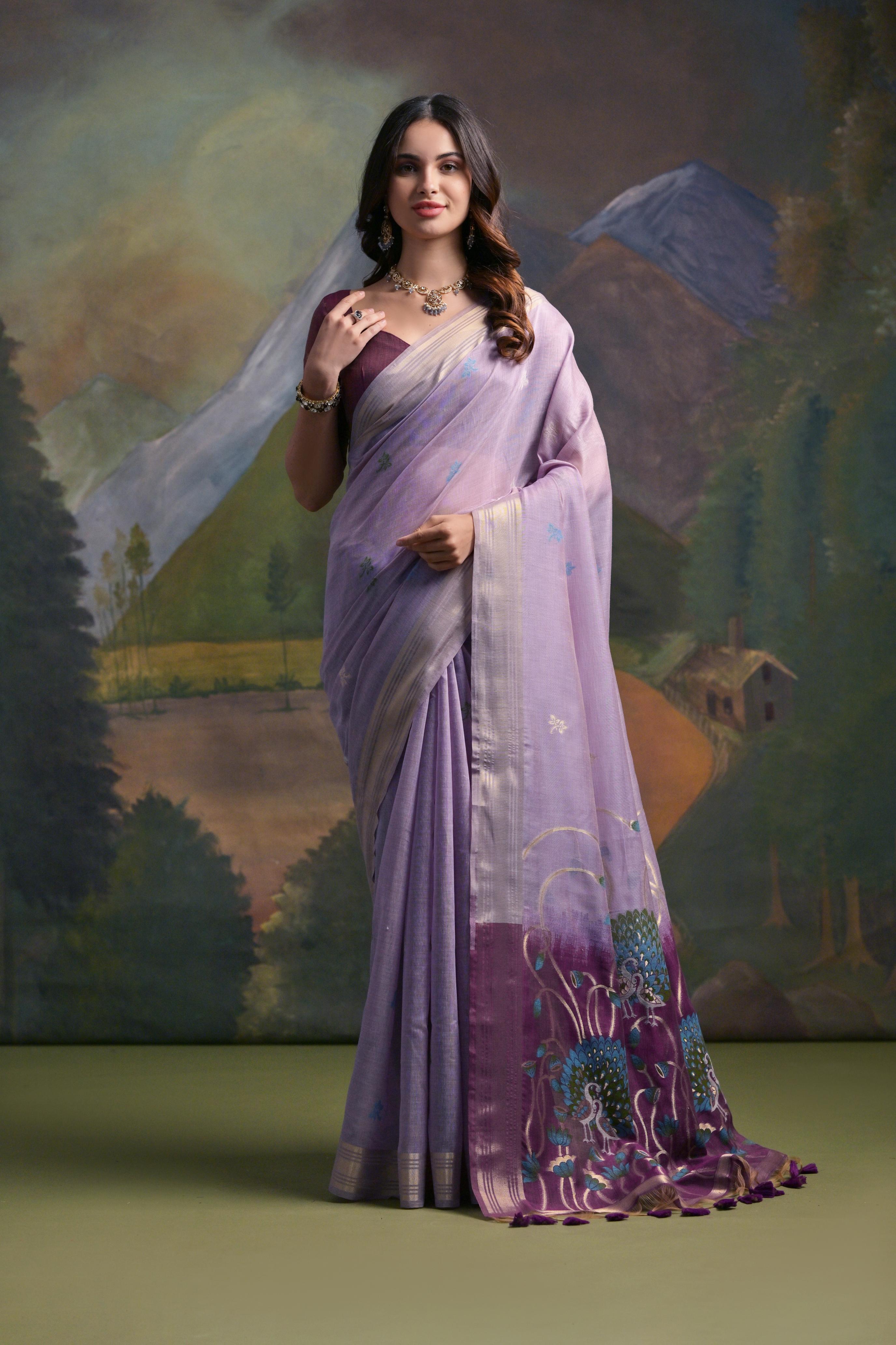 Ethnic Lavender Muga Cotton Fancy Summer Special Woven Designer Saree