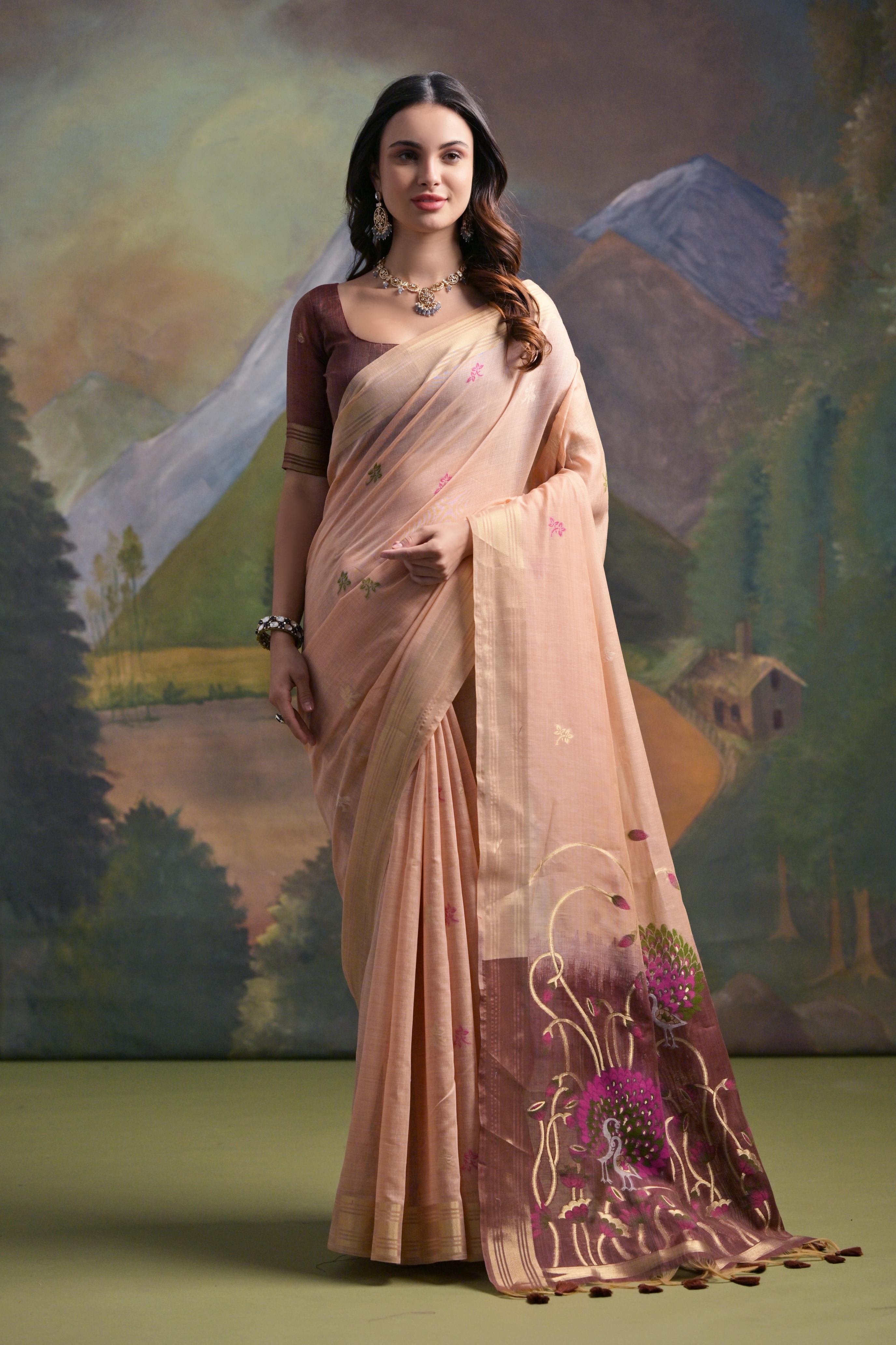 Ethnic Peach Muga Cotton Fancy Summer Special Woven Designer Saree