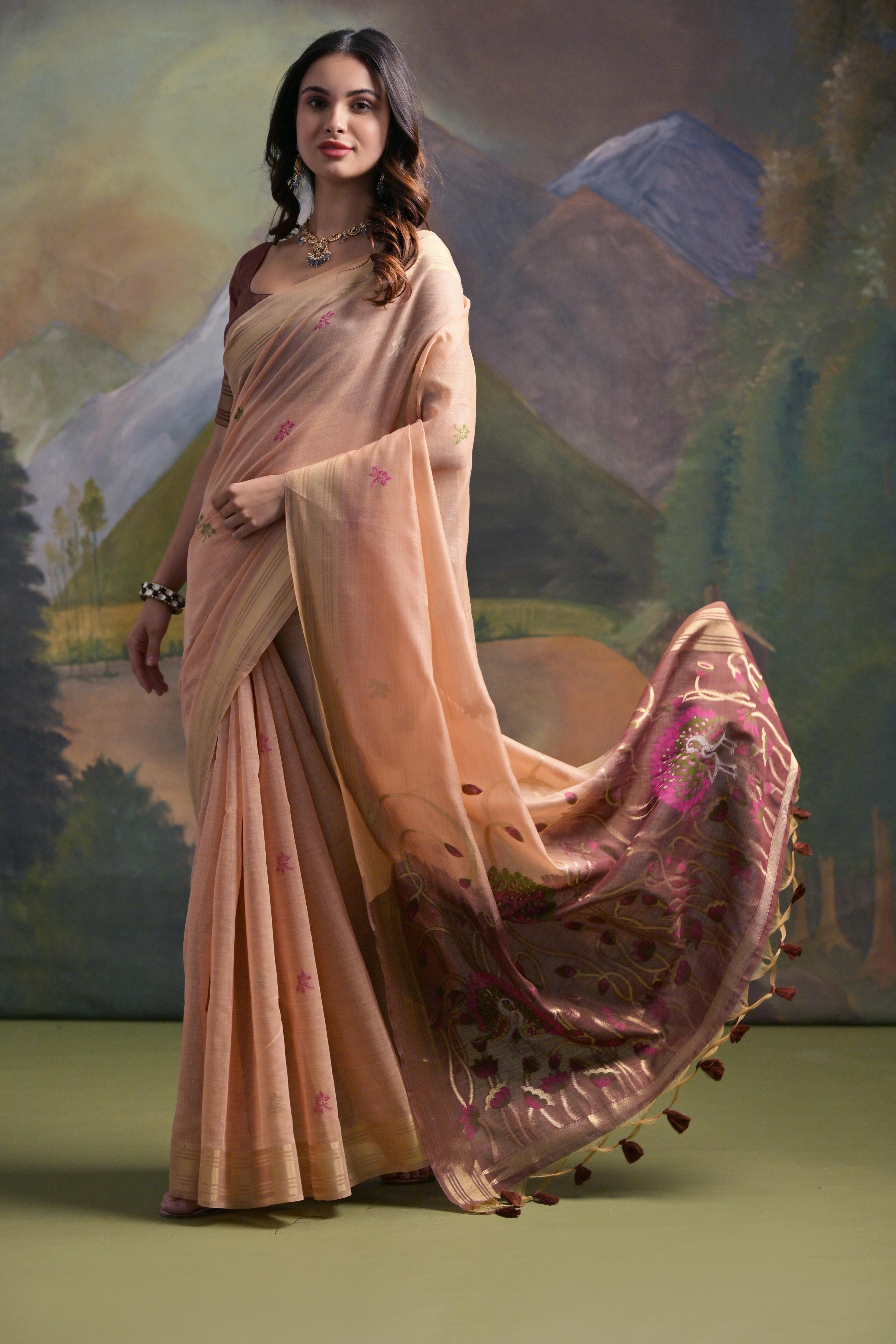 Ethnic Peach Muga Cotton Fancy Summer Special Woven Designer Saree