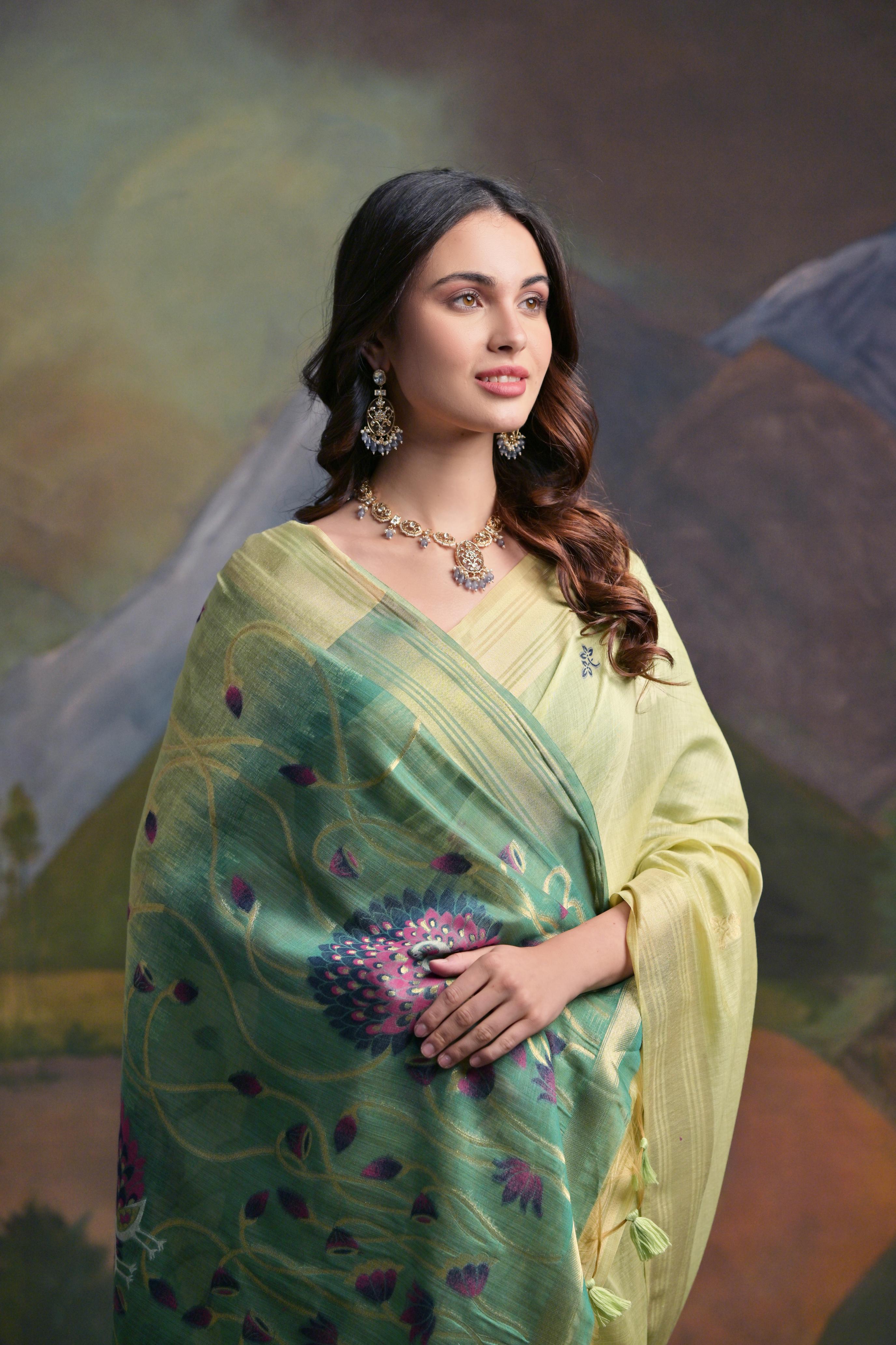 Ethnic Pista Muga Cotton Fancy Summer Special Woven Designer Saree