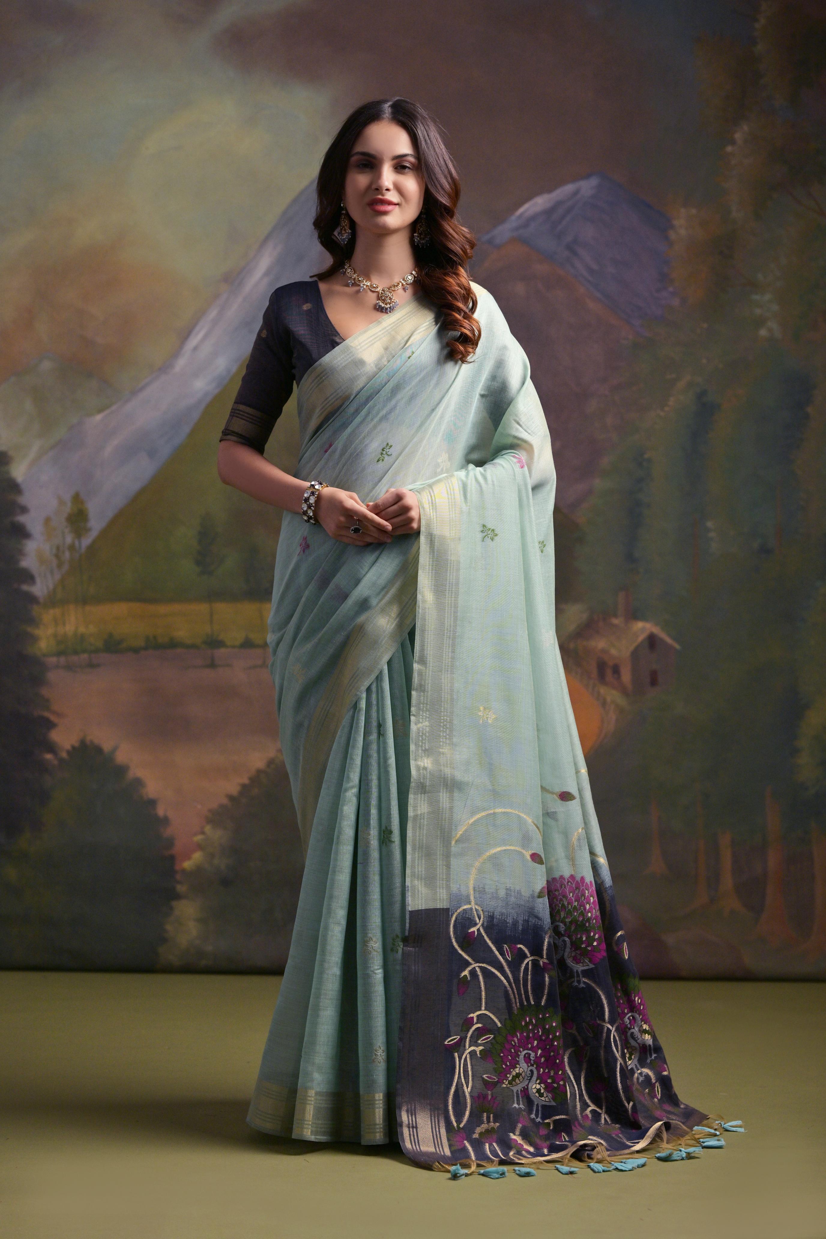Ethnic Sky Blue Muga Cotton Fancy Summer Special Woven Designer Saree