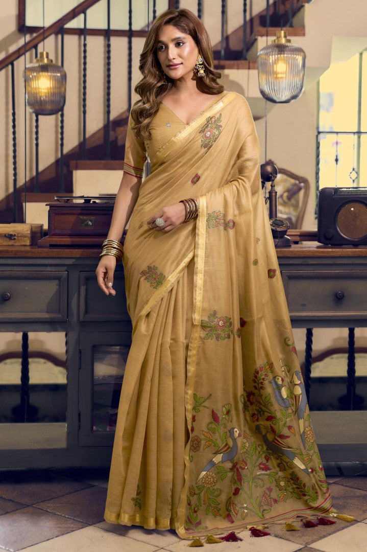 Fawn Kolkata Cotton Saree with Rich Litchi Jari Border Work