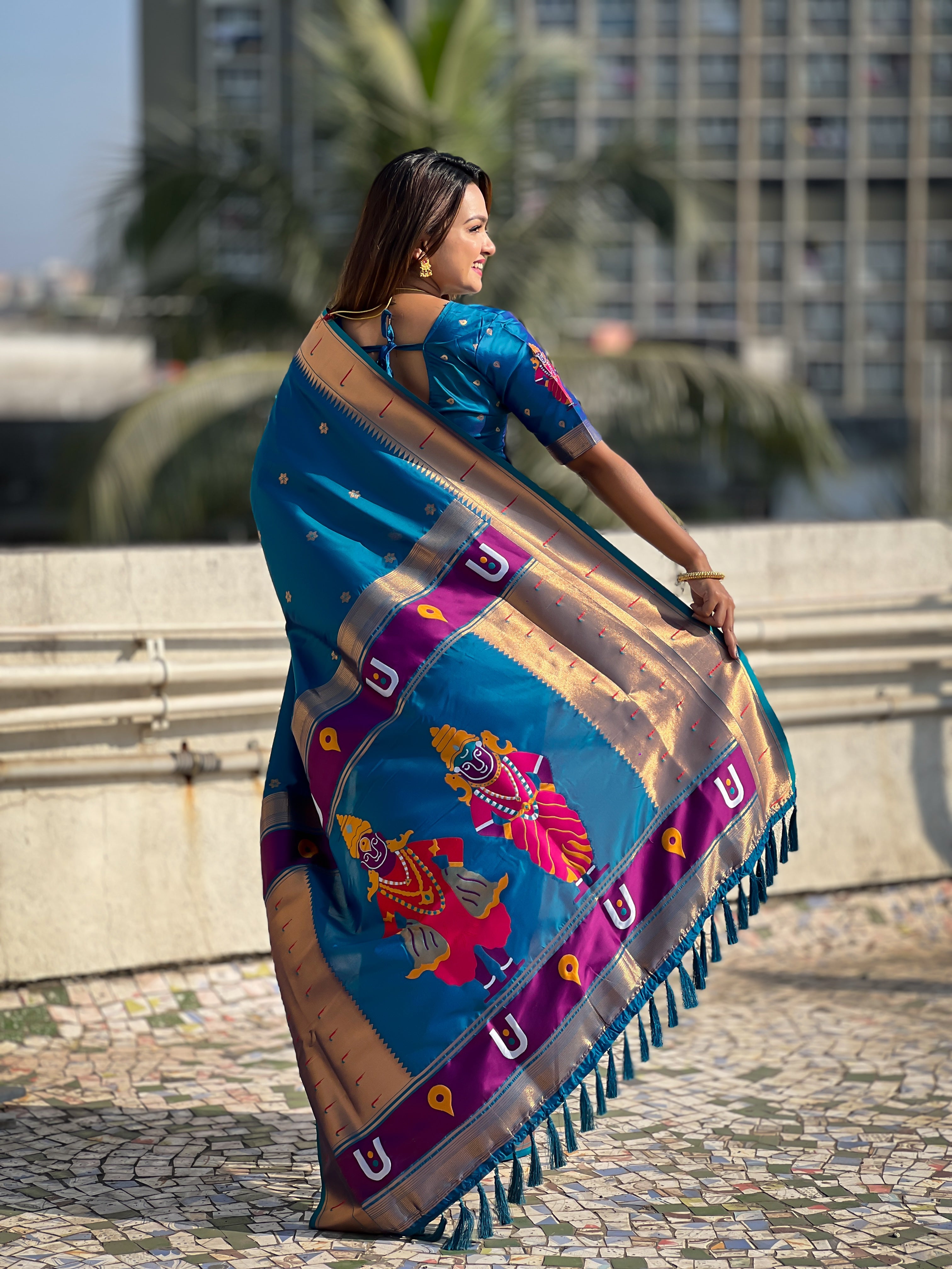 Featival Looks Blue Soft Silk Woven Paithani Vitthala Designer Saree