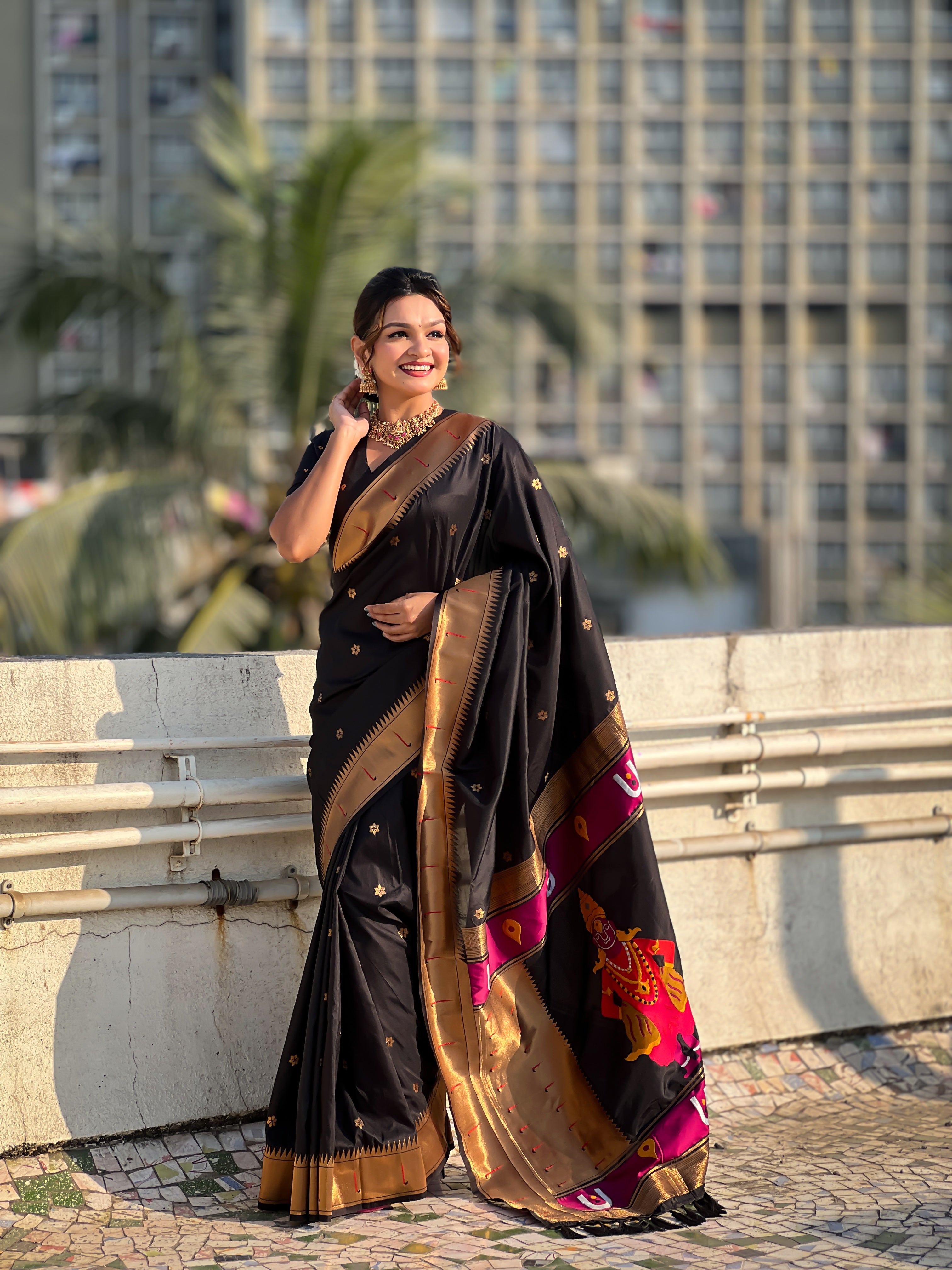 Festival Looks Black Soft Silk Woven Paithani Vitthala Designer Saree
