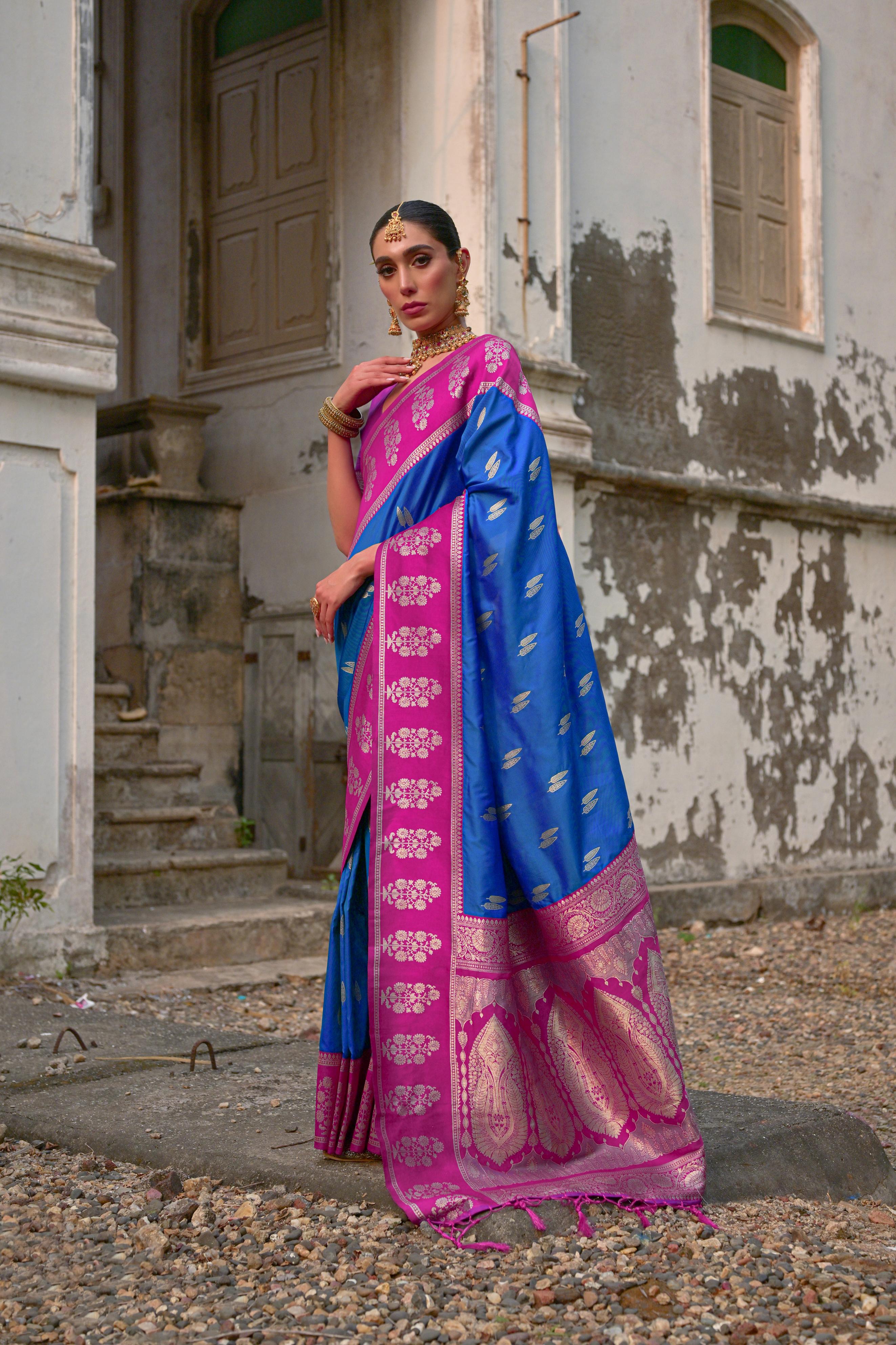 Firozi Banarasi Silk Woven Jari Designer Heavy Rich Looks Ceremonial Saree