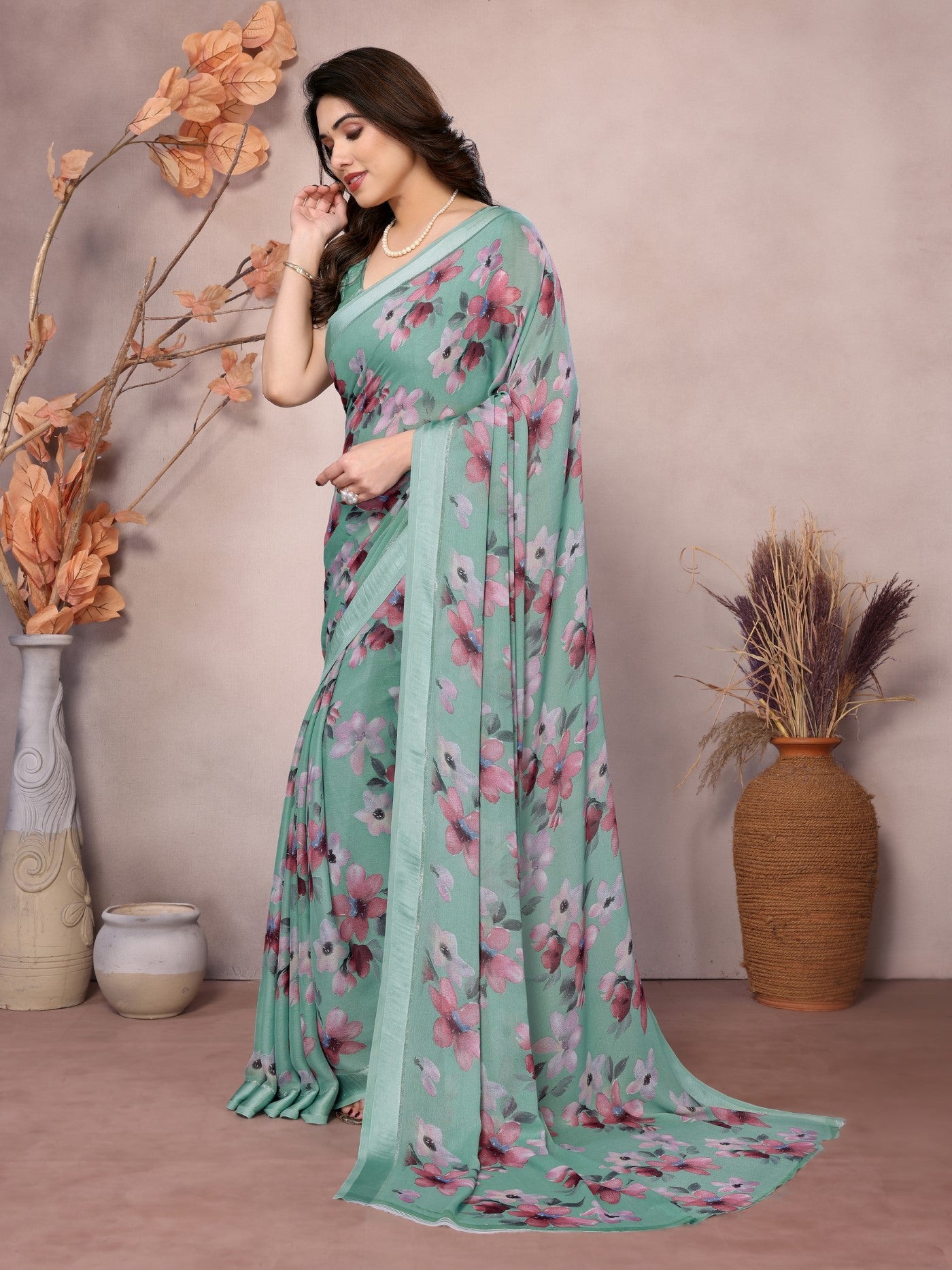 Firozi Bright Moss Satin Patta Saree With Printed